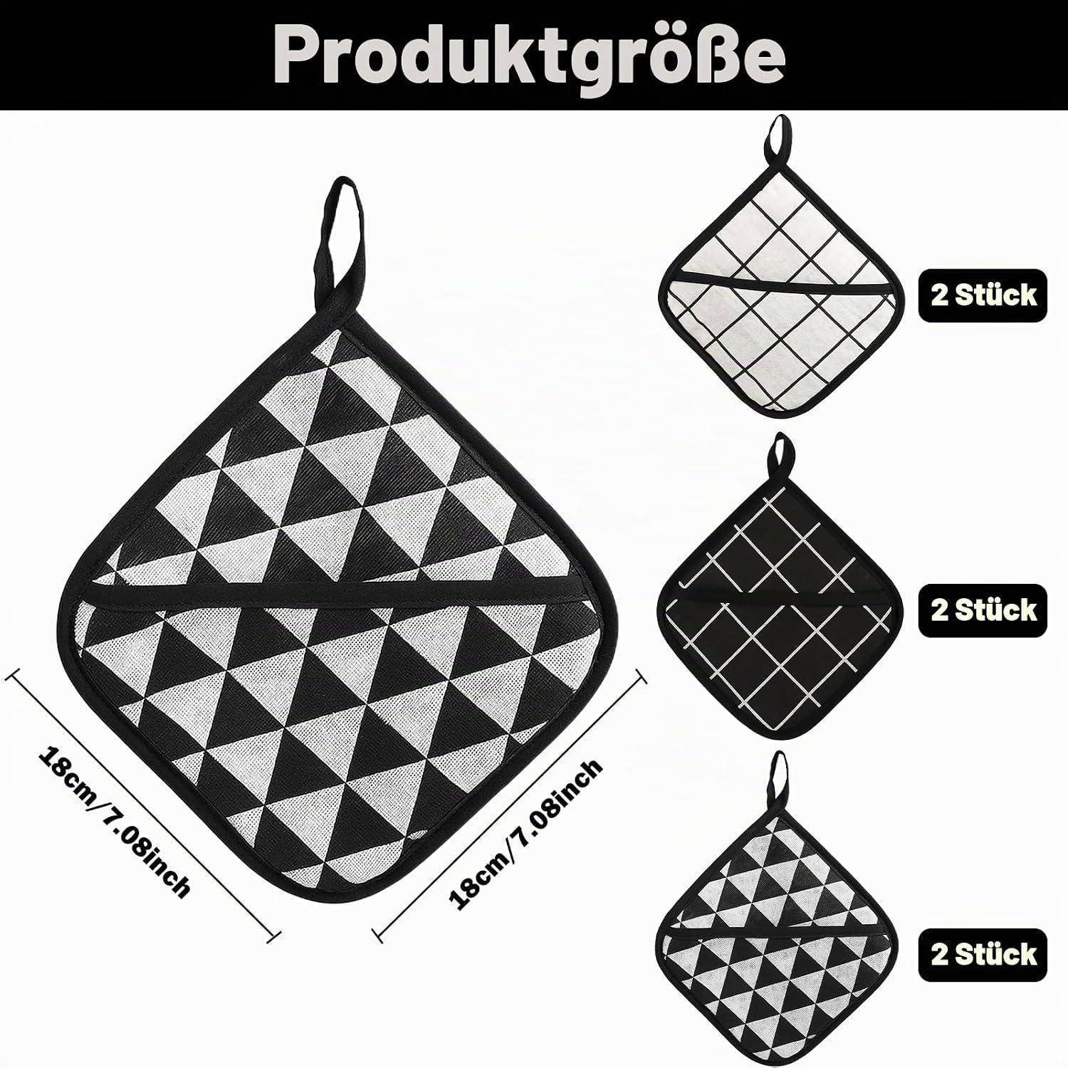 Produktgrößentabelle zeigt drei gesteppte Topfhandschuhe in verschiedenen Schwarz-Weiß-Mustern, jeweils 18 cm/7,08 Zoll und mit „2 Stück