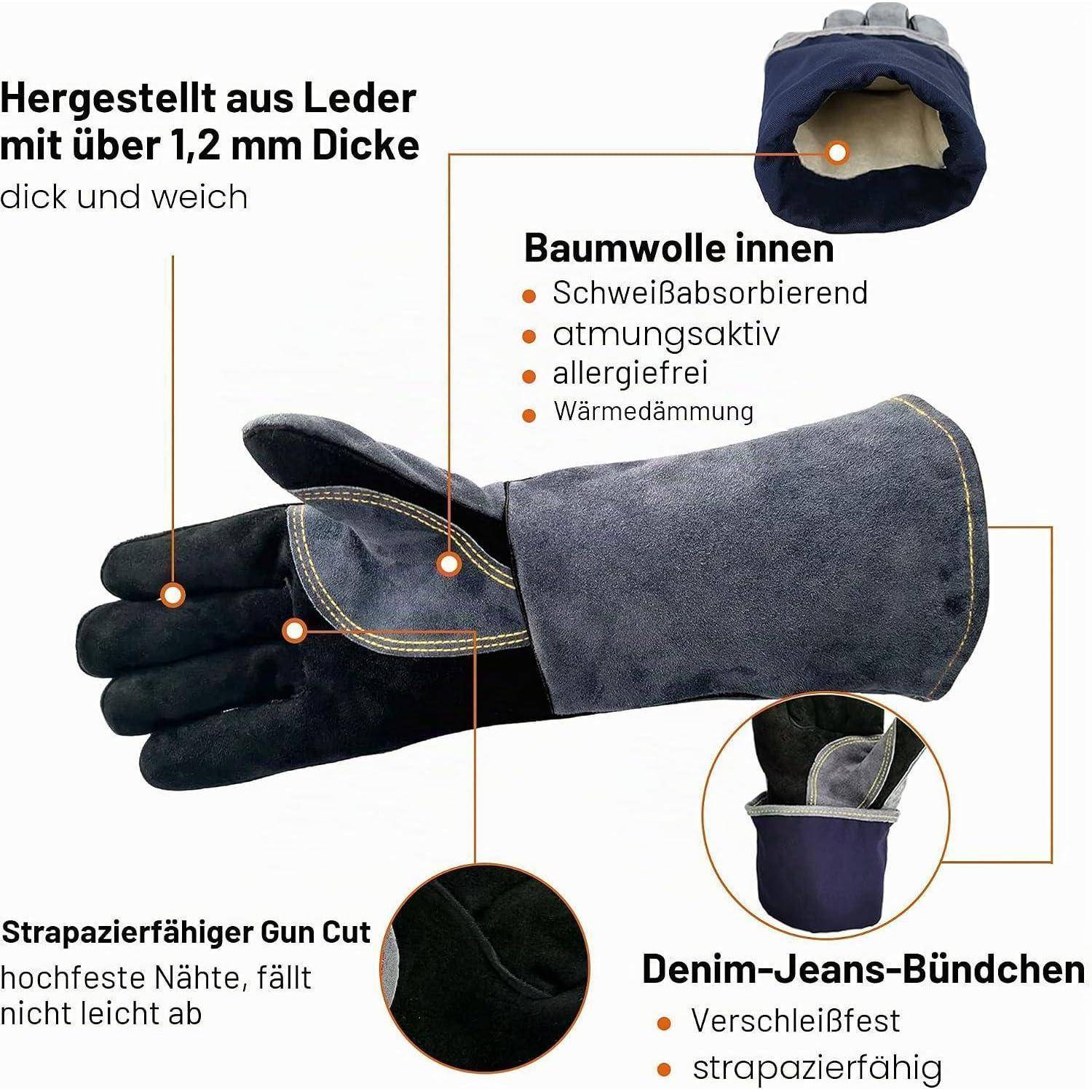 Illustration eines Schutzhandschuhs mit Materialien und Merkmalen: Lederaußenseite, Baumwollauskleidung, strapazierfähiger Zuschnitt und Denim-Jeansmanschette.