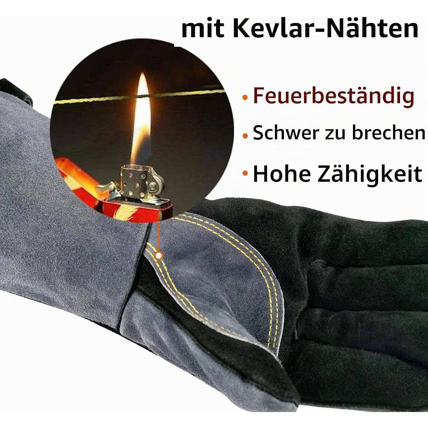 Schutzhandschuh mit Kevlar-Nähten, der Flammenbeständigkeit demonstriert; Text hebt feuerfest, schwer zu reißen und hohe Zähigkeit hervor.