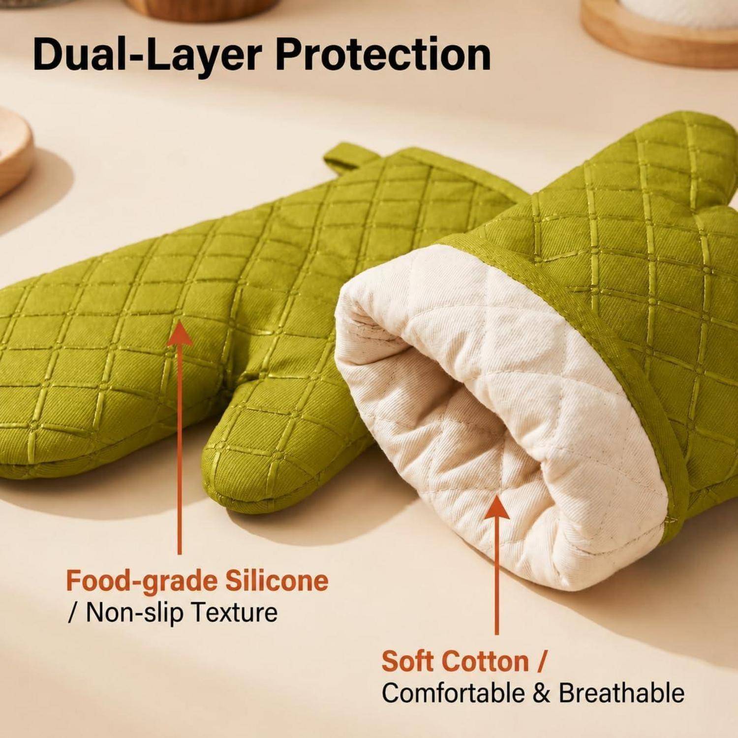 Werbebild von grünen gesteppten Ofenhandschuhen mit der Bezeichnung „Dual-Layer Protection