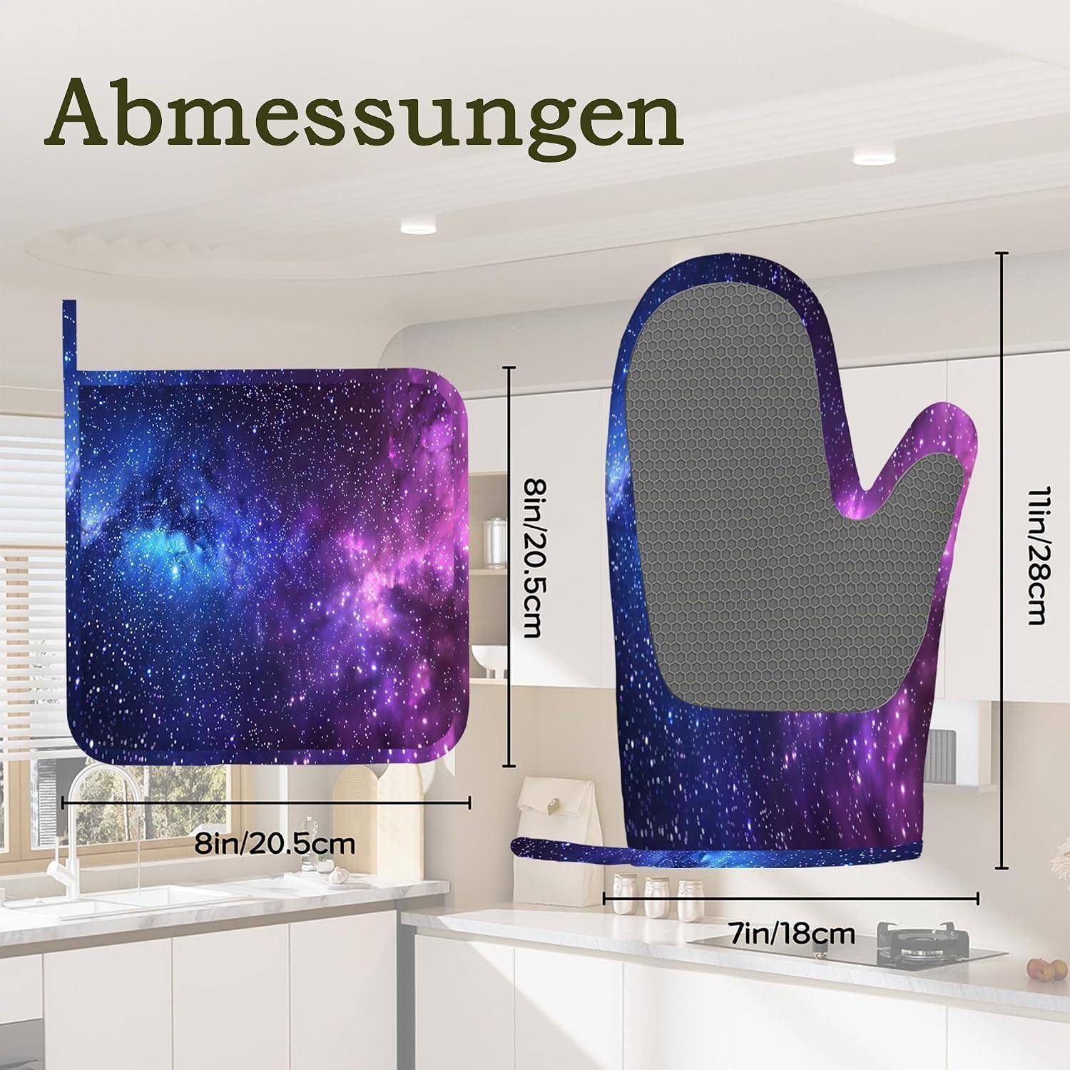 Ofenhandschuh mit Galaxie-Muster und passendem Topflappen mit beschrifteten Abmessungen in Zoll und Zentimetern.