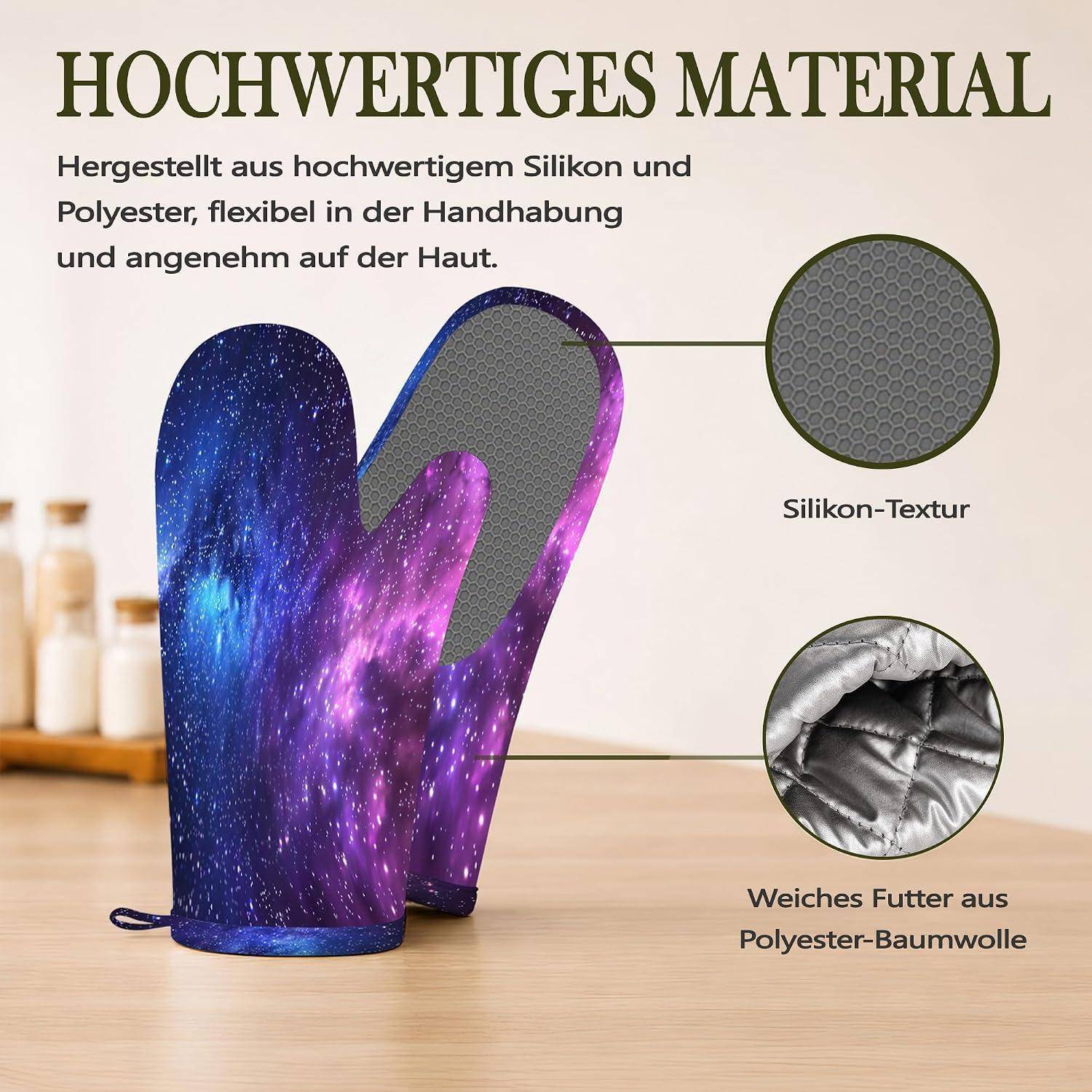 Produktbild von zwei Ofenhandschuhen mit Galaxie-Muster aus Silikon und Polyester, mit Nahaufnahmen mit den Beschriftungen „Silikon-Textur