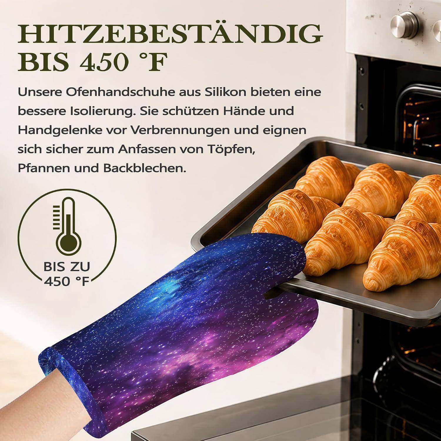 Anzeige mit einem Silikon-Ofenhandschuh, der in einen Ofen greift, um ein Tablett mit Croissants herauszunehmen, mit deutschem Text, der Hitzebeständigkeit bis zu 450°F beansprucht.