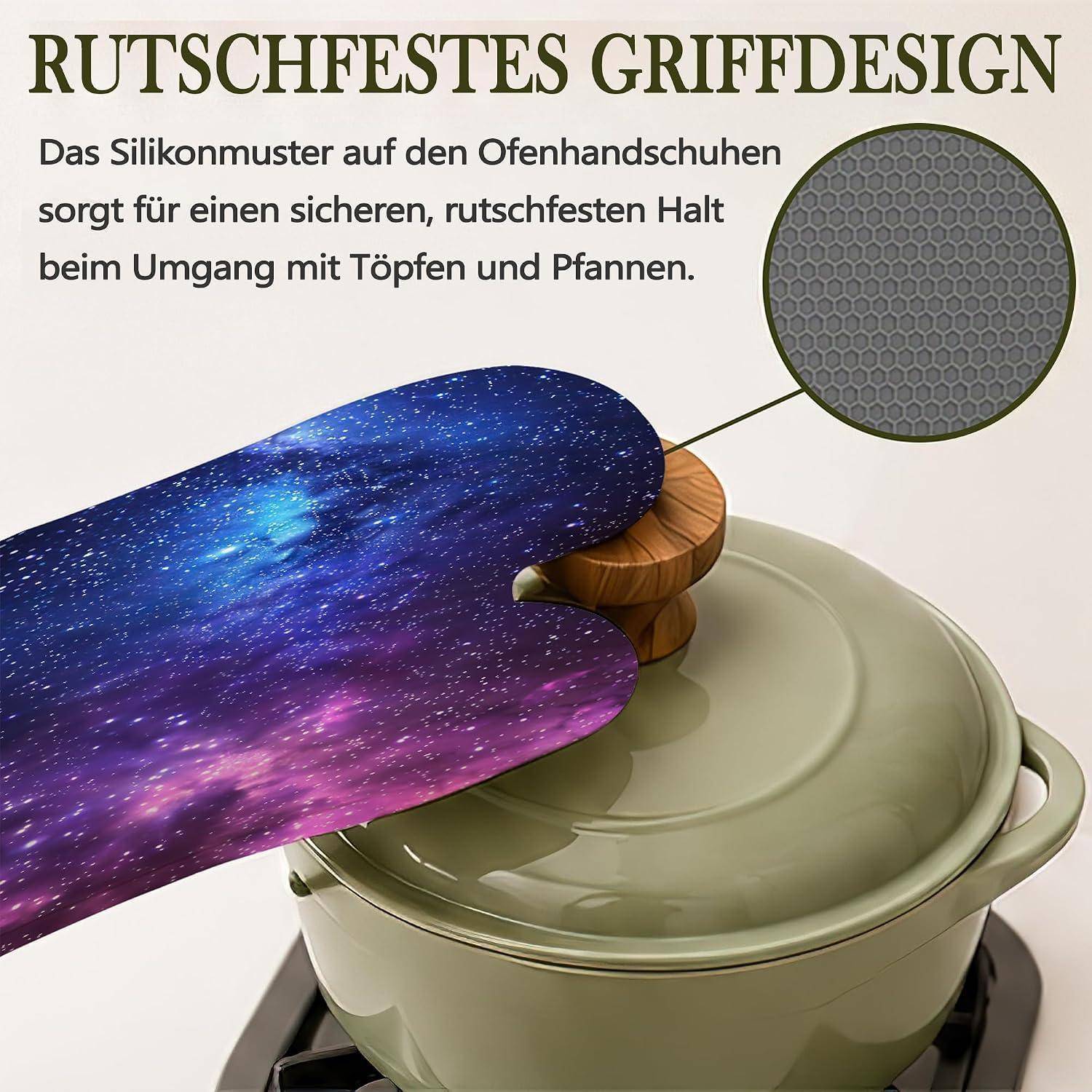 Deutsches Angebot zeigt Ofenhandschuhe mit Silikongriff auf einem Topfdeckel, wobei „RUTSCHFESTES GRIFFDESIGN