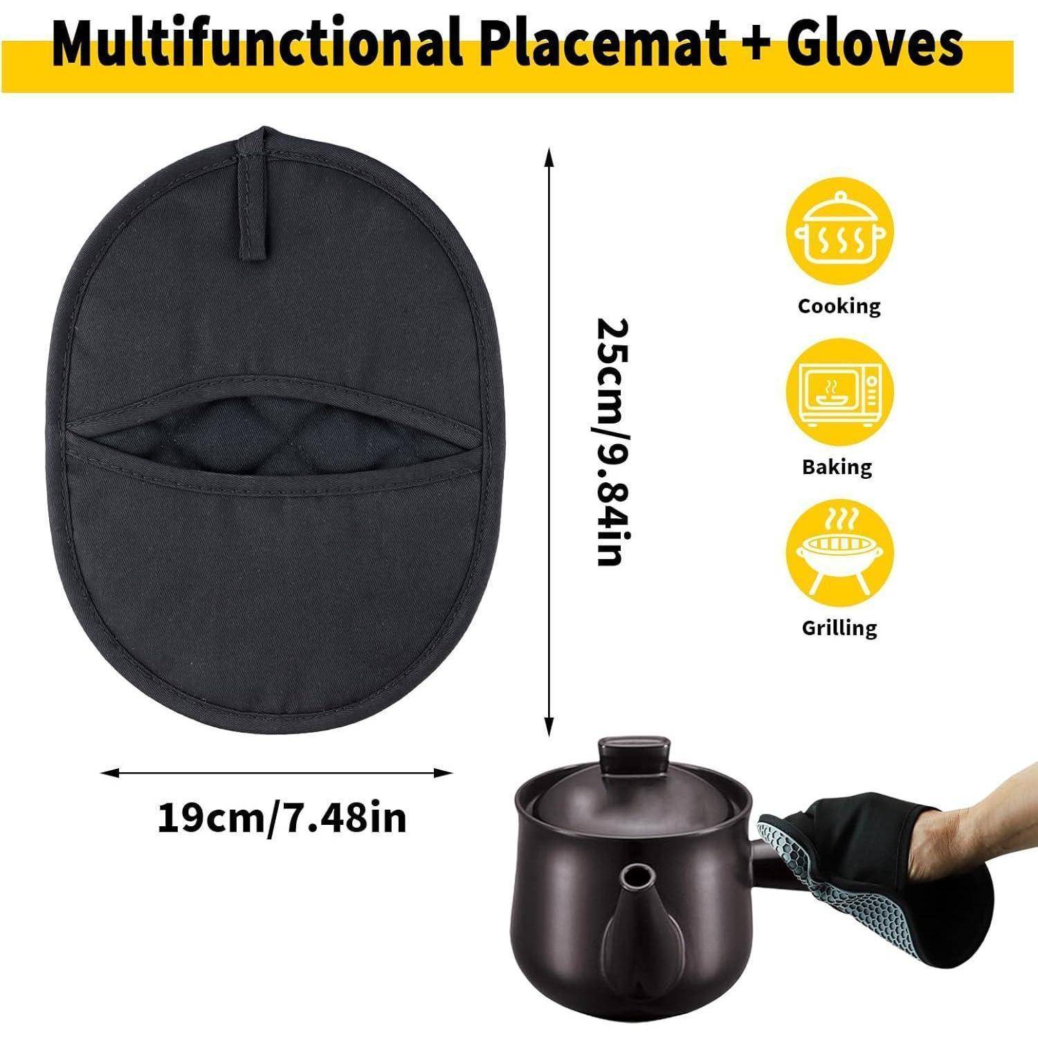 Produktbild eines multifunktionalen schwarzen ovalen Platzsets und Handschuh-Sets, das die Größe von 25 cm x 19 cm zeigt und zur Verwendung beim Kochen, Backen und Grillen bestimmt ist.