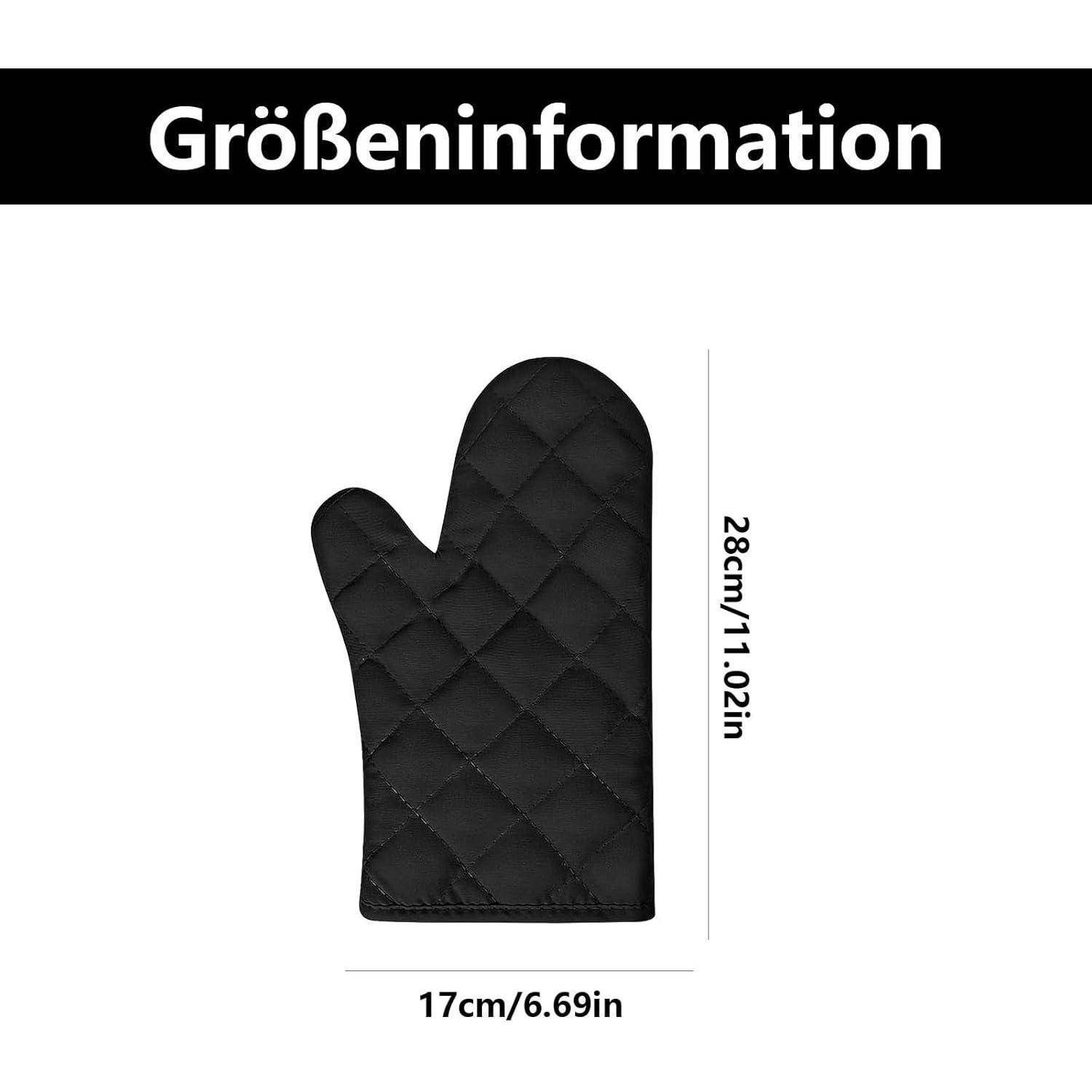 Größeninformationsbild einer schwarzen Ofenhandschuh, gekennzeichnet mit 28 cm/11,02 Zoll Länge und 17 cm/6,69 Zoll Breite.
