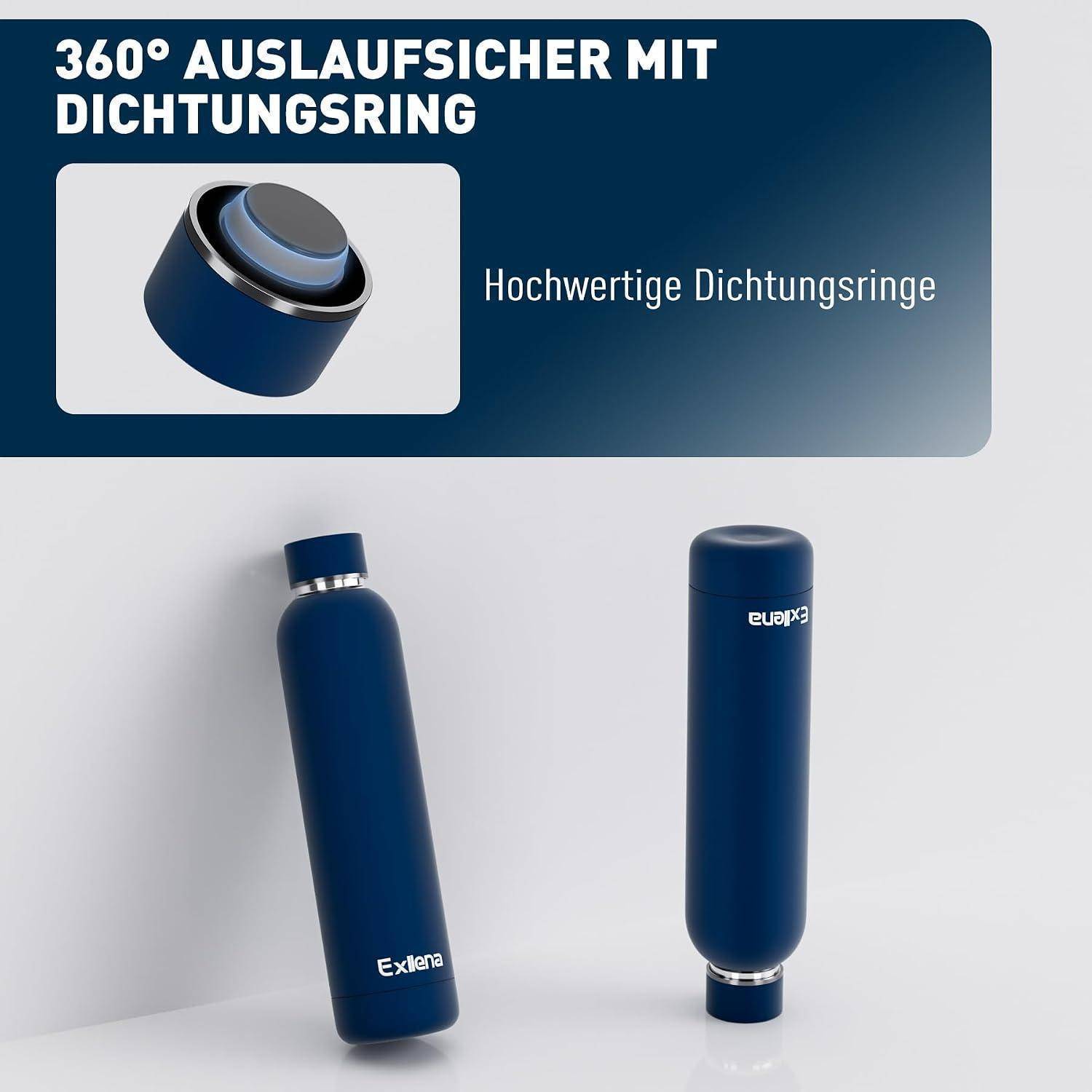 Werbegrafik für blaue zylindrische Flaschen mit 360°-Auslaufsicherung; Text lautet „360° AUSLAUFSICHER MIT DICHTUNGSRING
