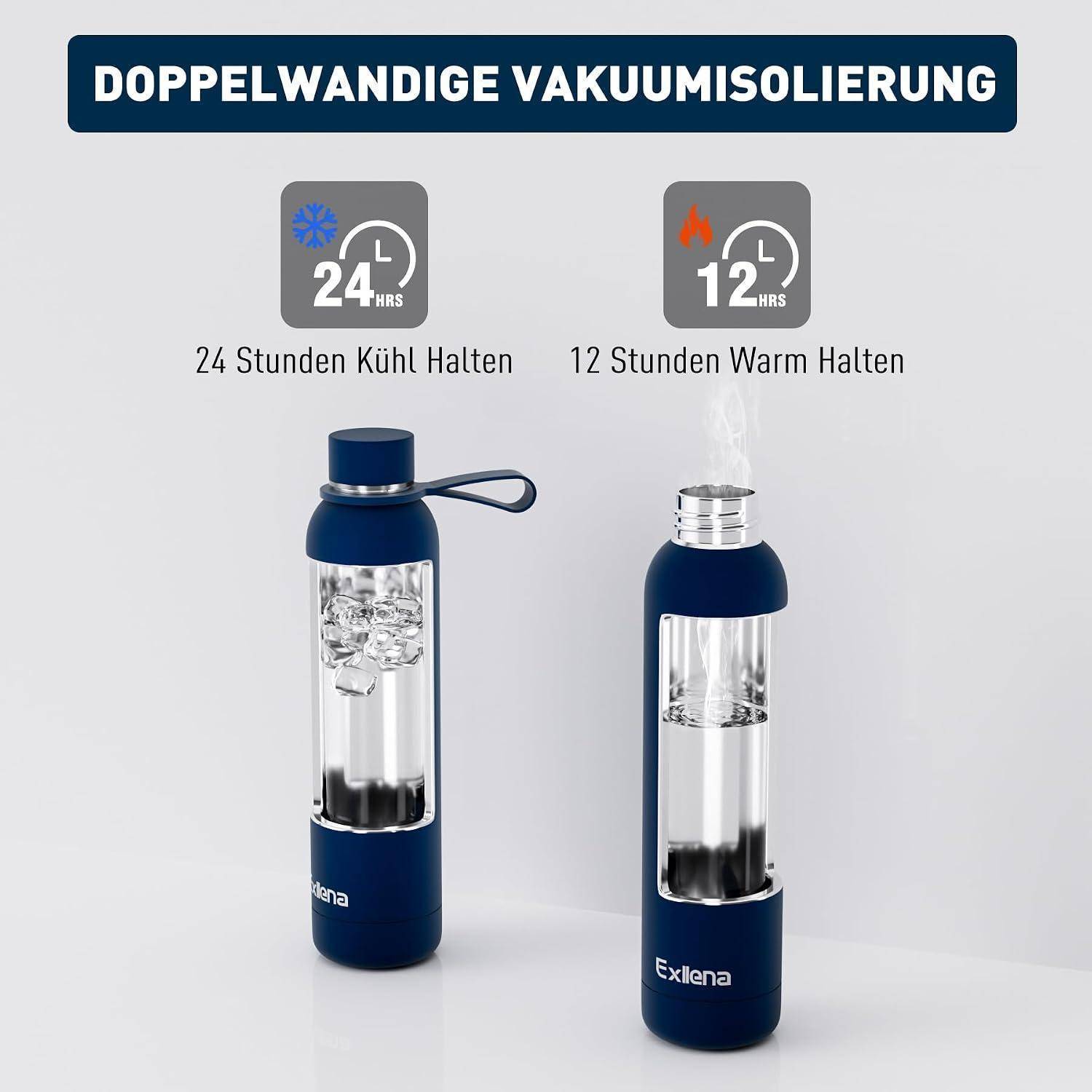 Anzeige für doppelwandige Vakuumisolierung: zwei Flaschen halten Getränke 24 Stunden lang kalt und 12 Stunden lang warm.