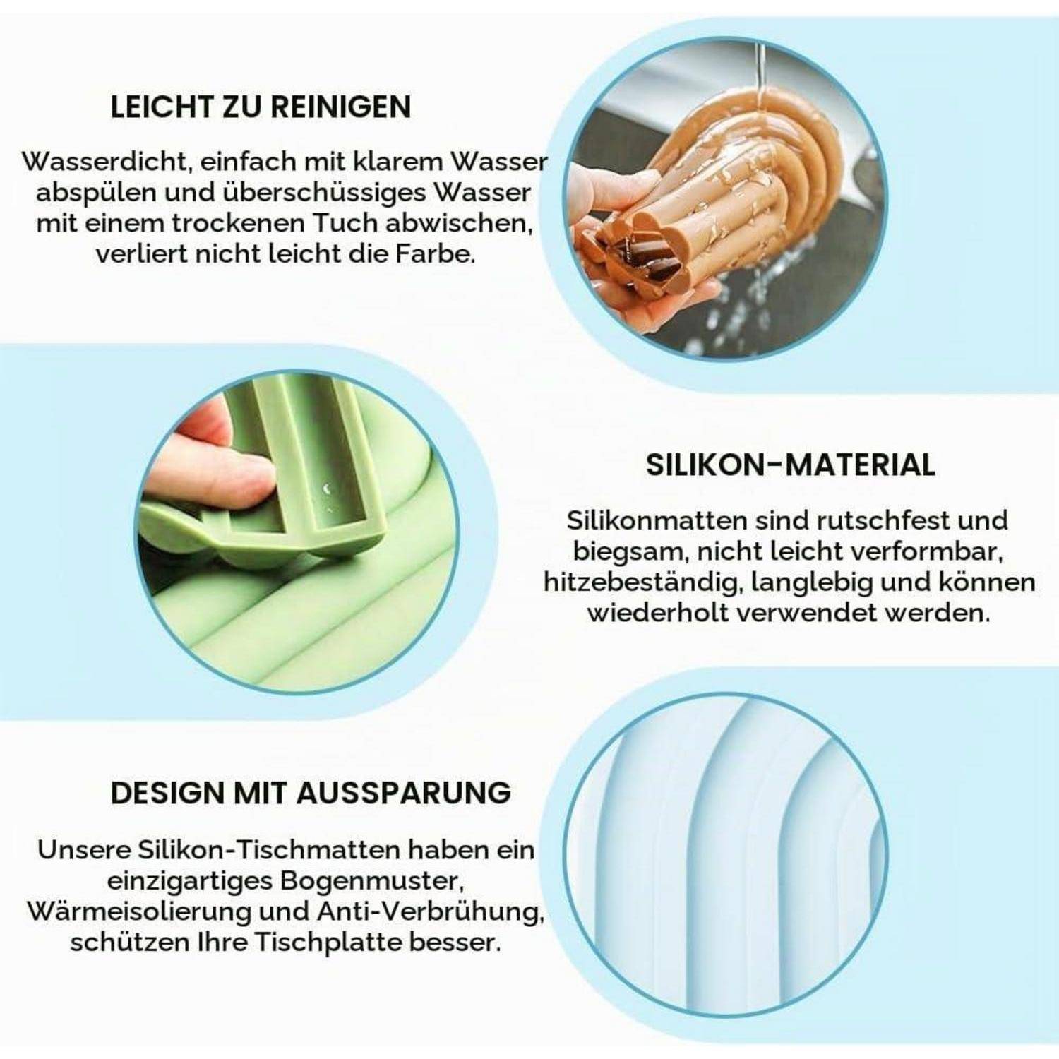 Deutsches Produktgrafik für Silikon-Tischmatten mit folgenden Eigenschaften: leicht zu reinigen, Silikonmaterial und Ausschnitt-Design für bessere Wärmeisolierung und Schutz.