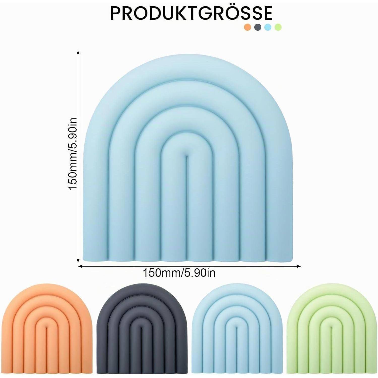 Produktgrößen-Diagramm eines regenbogenförmigen Kissens, 150 mm x 150 mm (5,90 Zoll), dargestellt in vier Farben: Pfirsich, Dunkelgrau, Hellblau und Grün.