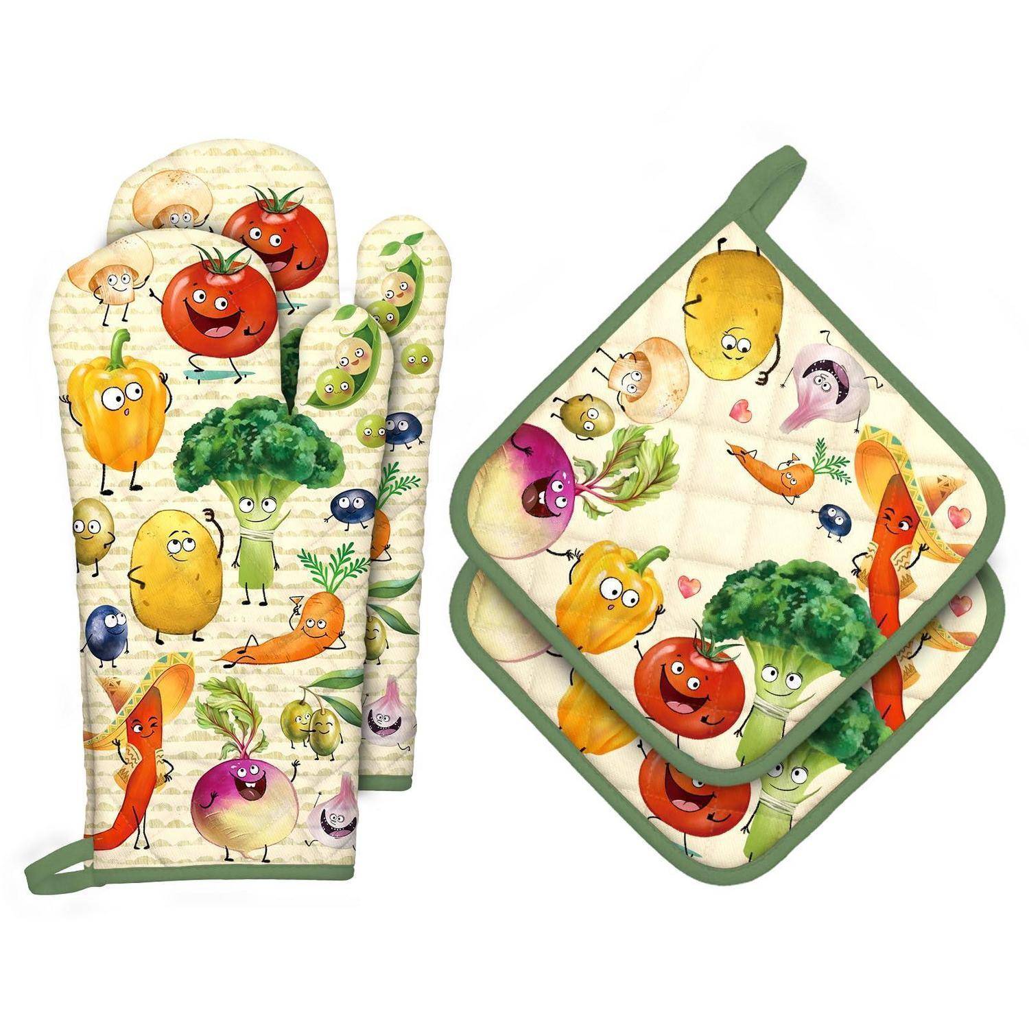 Illustriertes Ofenhandschuh- und Topflappen-Set mit bunten Cartoon-Gemüse und -Obst, einschließlich Brokkoli, Tomaten, Paprika, Karotten und Zwiebeln.