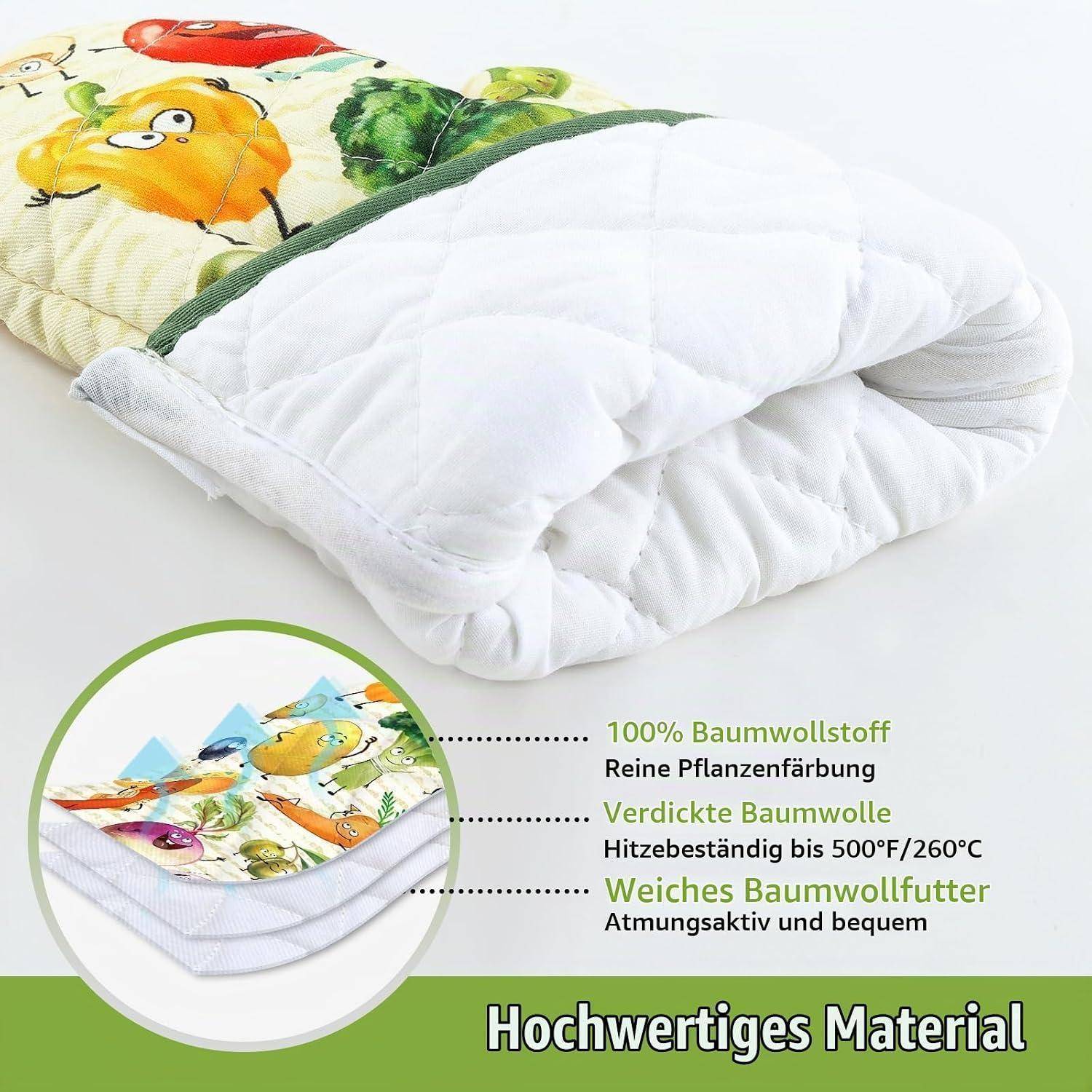 Produktbild einer gesteppten Bettdecke mit farbenfrohem bedrucktem Bezug und weißer Füllung, auf Deutsch mit hochwertigen Materialien gekennzeichnet: 100% Baumwolle, dicke Baumwollwolle, wärmefest und atmungsaktiv.