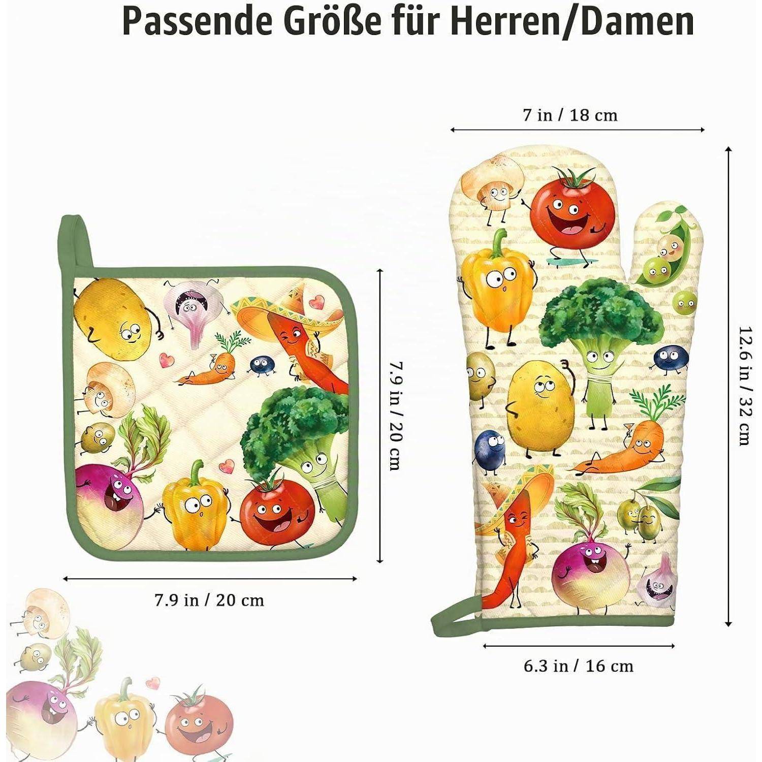 Größentabelle für Ofenhandschuhe: quadratischer Handschuh 7,9 x 7,9 Zoll, langer Handschuh 6,3 x 12,6 Zoll, gekennzeichnet mit „Passende Größe für Herren/Damen