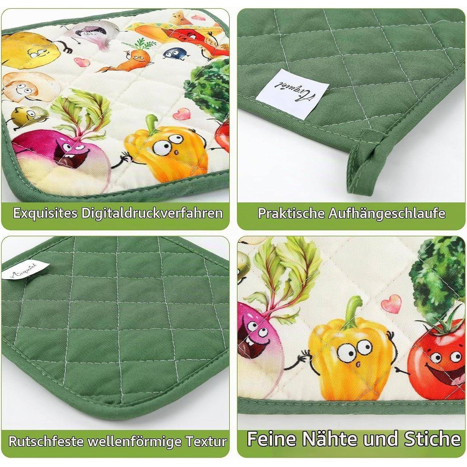 Collage eines gesteppten grünen Sitzkissens mit gedrucktem Gemüsemotiv, mit Aufhängeschlaufe, rutschfester welliger Textur und feiner Steppnaht.