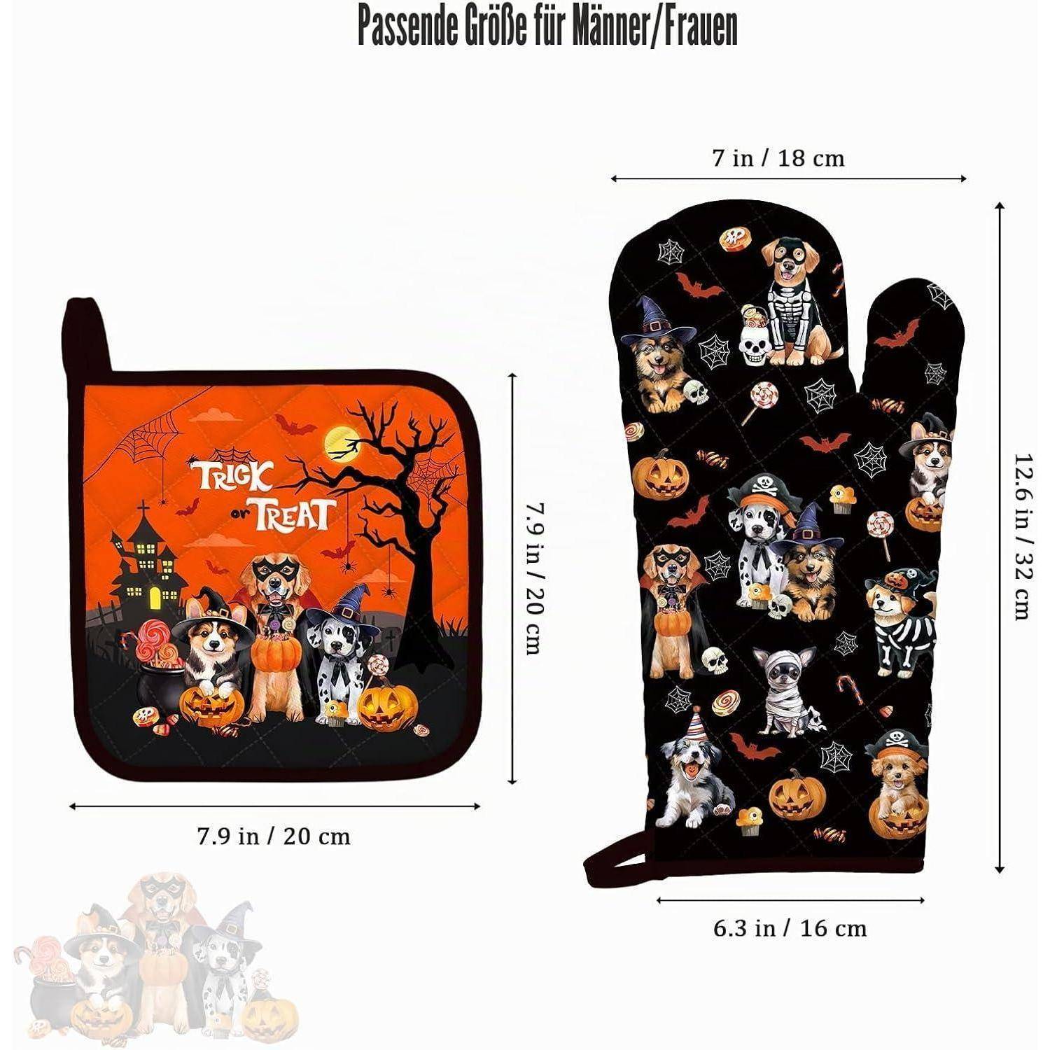 Produktbild zeigt ein Halloween-Ofenhandschuh- und Topflappen-Set mit Hundeillustrationen und Kürbissen; Abmessungen in Zoll und Zentimetern gekennzeichnet.