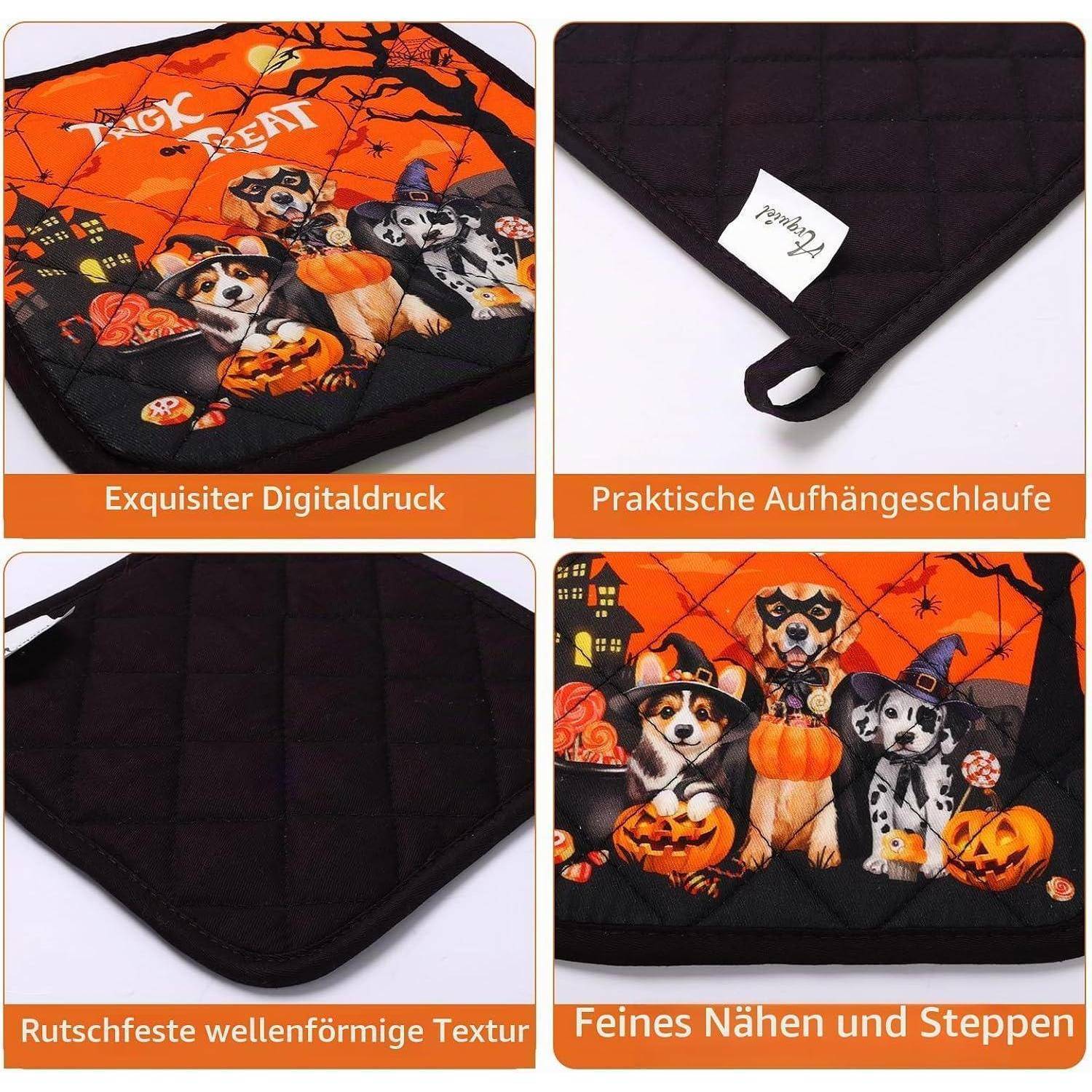 Vierpaneliges Produktbild einer Halloween-Themenmatte mit Steppung, auf dem Hunde und Kürbisse abgebildet sind, mit bedruckter Vorderseite, Aufhängeschlaufe, schwarzer Rückseite und gesteppter Textur.