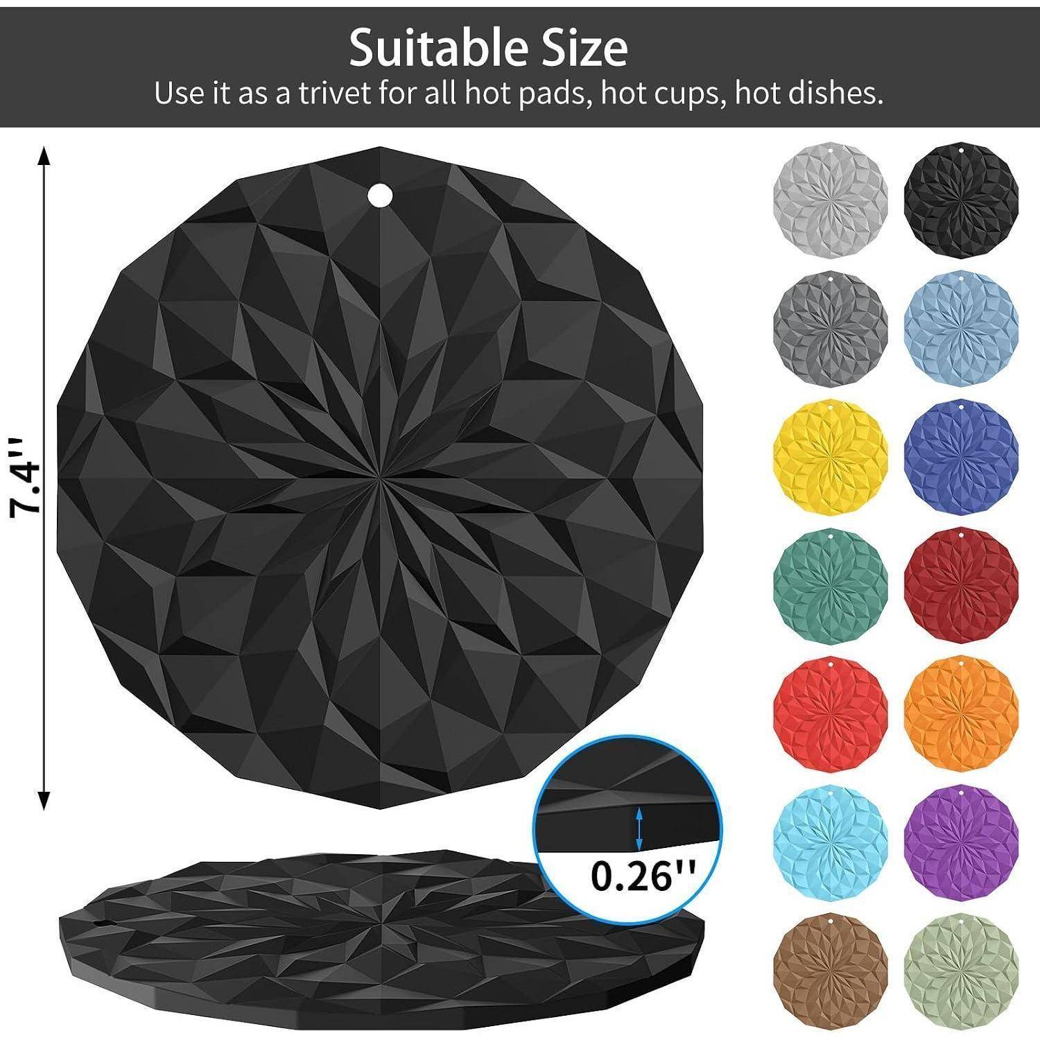 Trivet-Produktgrafik zeigt ein achteckiges schwarzes Pad, 18,8 cm breit und 0,66 cm dick, für heiße Untersetzer, Tassen und Geschirr; in mehreren Farben erhältlich.