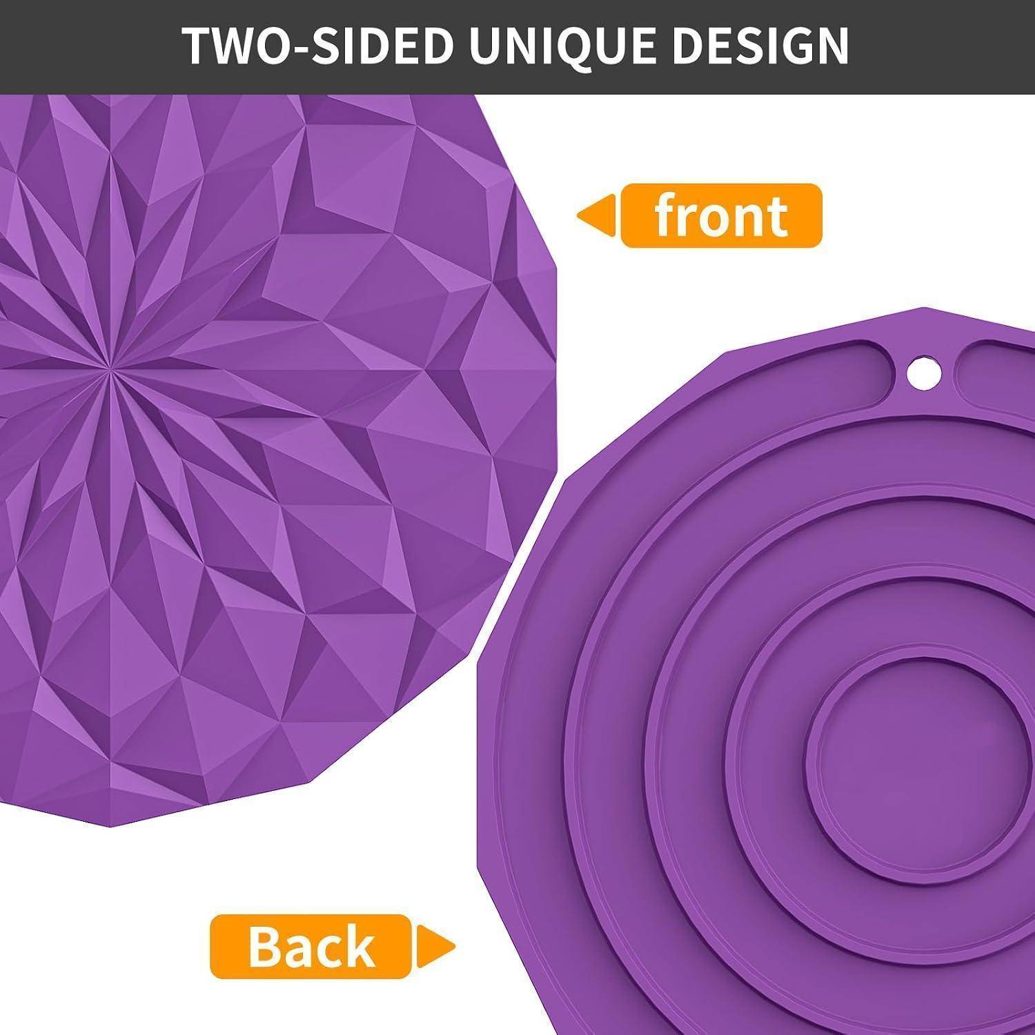 Grafik zeigt ein violettes zweiseitiges Design mit einer facettierten Vorderseite und einer zirkulären geschichteten Rückseite, gekennzeichnet als 