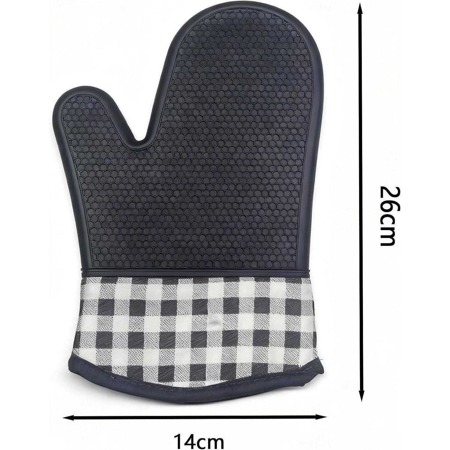 Schwarzer Ofenhandschuh mit kariertem Bündchen, gezeigt mit Größenangaben: 26 cm hoch und 14 cm breit.