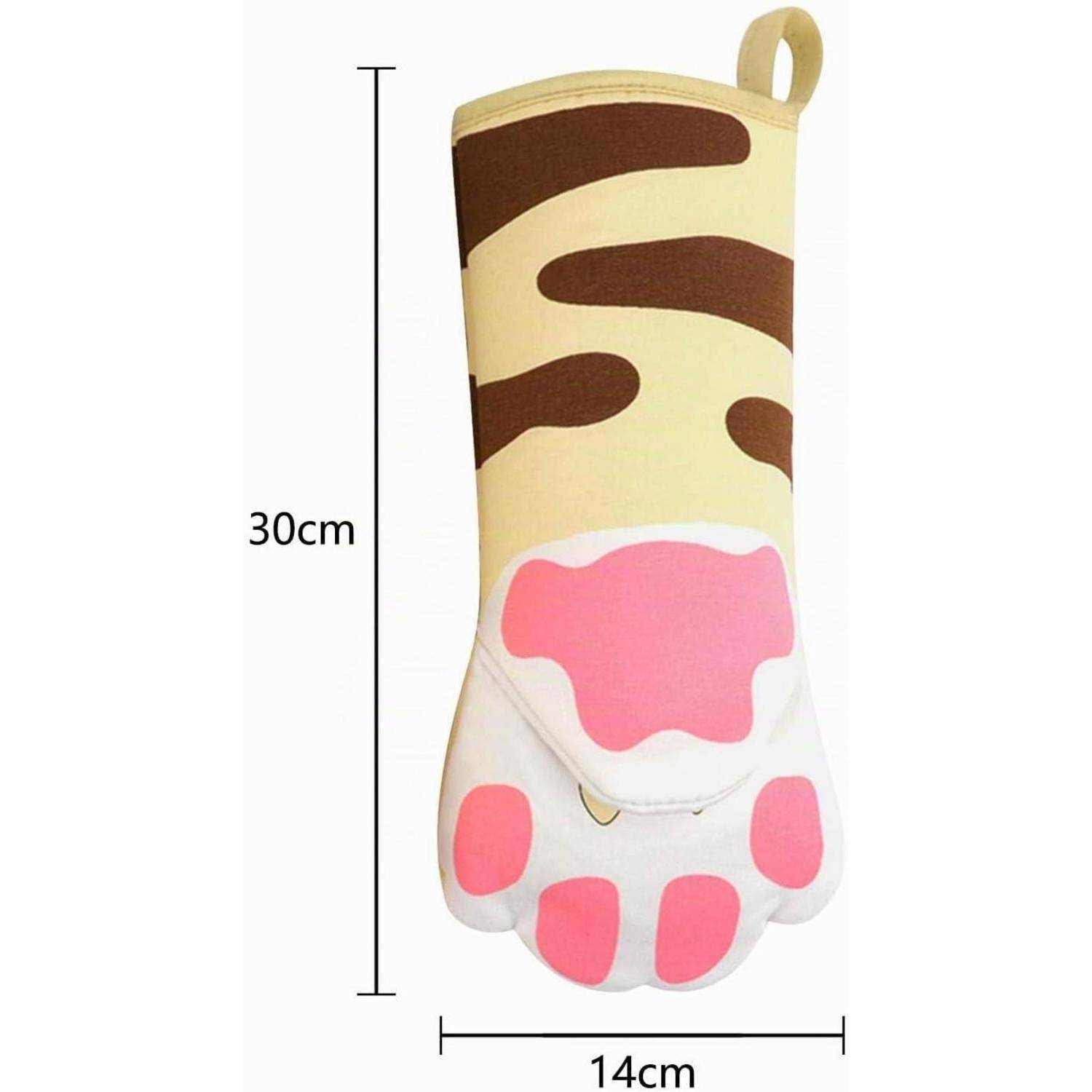 Abbildung einer 30 cm hohen Ofenhandschuh in Form einer Katzenpfote mit einer Breitenmessung von 14 cm.