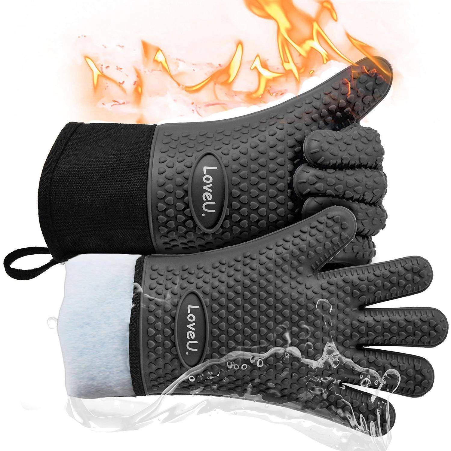 Paar schwarze isolierte Handschuhe mit strukturiertem Grip und Wasserfestigkeit, gezeigt mit Flammen- und Spritzeffekten, um Wärmeschutz und wasserfeste Eigenschaften zu suggerieren.