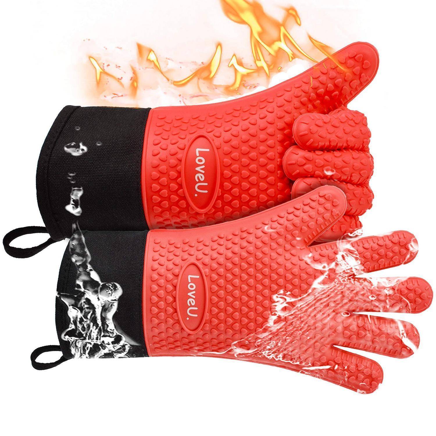 Paar rote Silikon-Ofenhandschuhe mit 