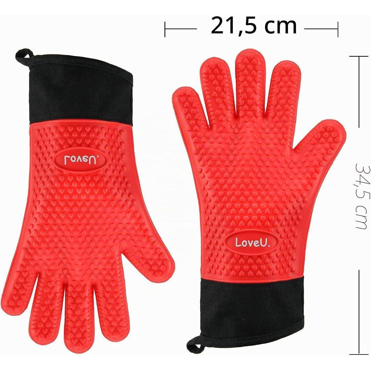 Rote strukturierte Ofenhandschuhe mit schwarzen Manschetten, von vorne und von hinten gezeigt, mit einer Breite von 21,5 cm und einer Länge von 34,5 cm gekennzeichnet.