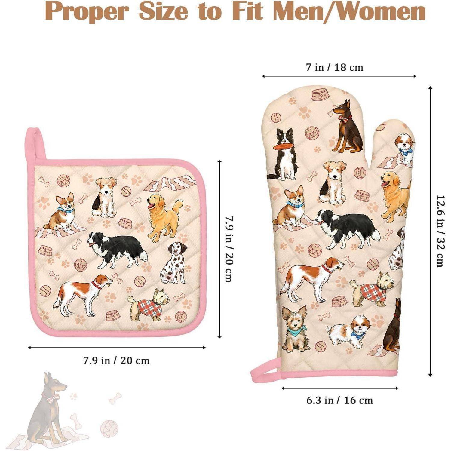 Größenleitfaden für Ofenhandschuh und Topflappen mit Hundemuster-Stoff; Handschuh ist 12,6 x 6,3 Zoll, Topflappen 7,9 x 7,9 Zoll.