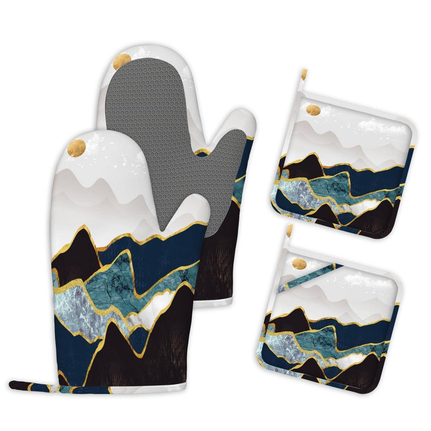 Gemusterter Ofenhandschuh und zwei passende Topflappen mit bergähnlichem Schichtdesign in Weiß, Marineblau, Gold und Petrol.