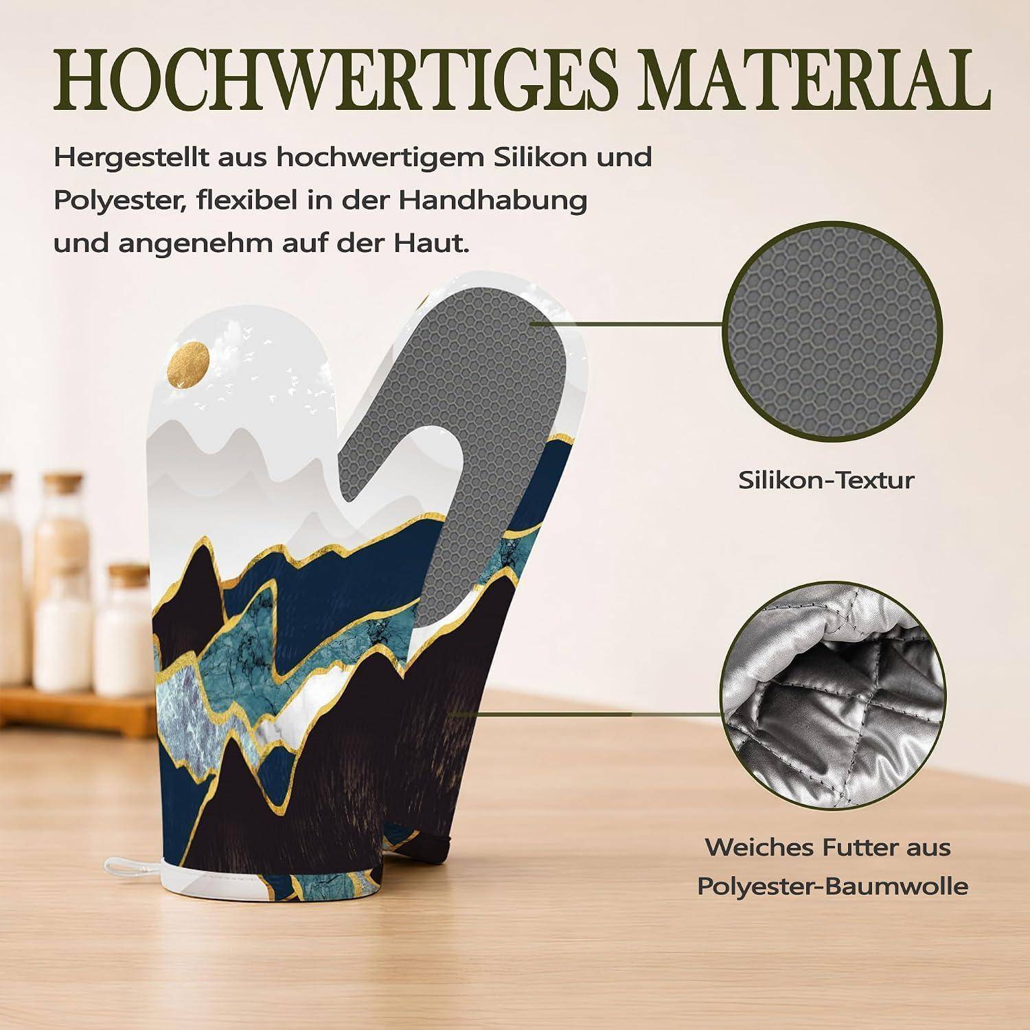 Werbebild einer Silikon- und Polyester-Ofenhandschuh mit deutschem Text „Hochwertiges Material