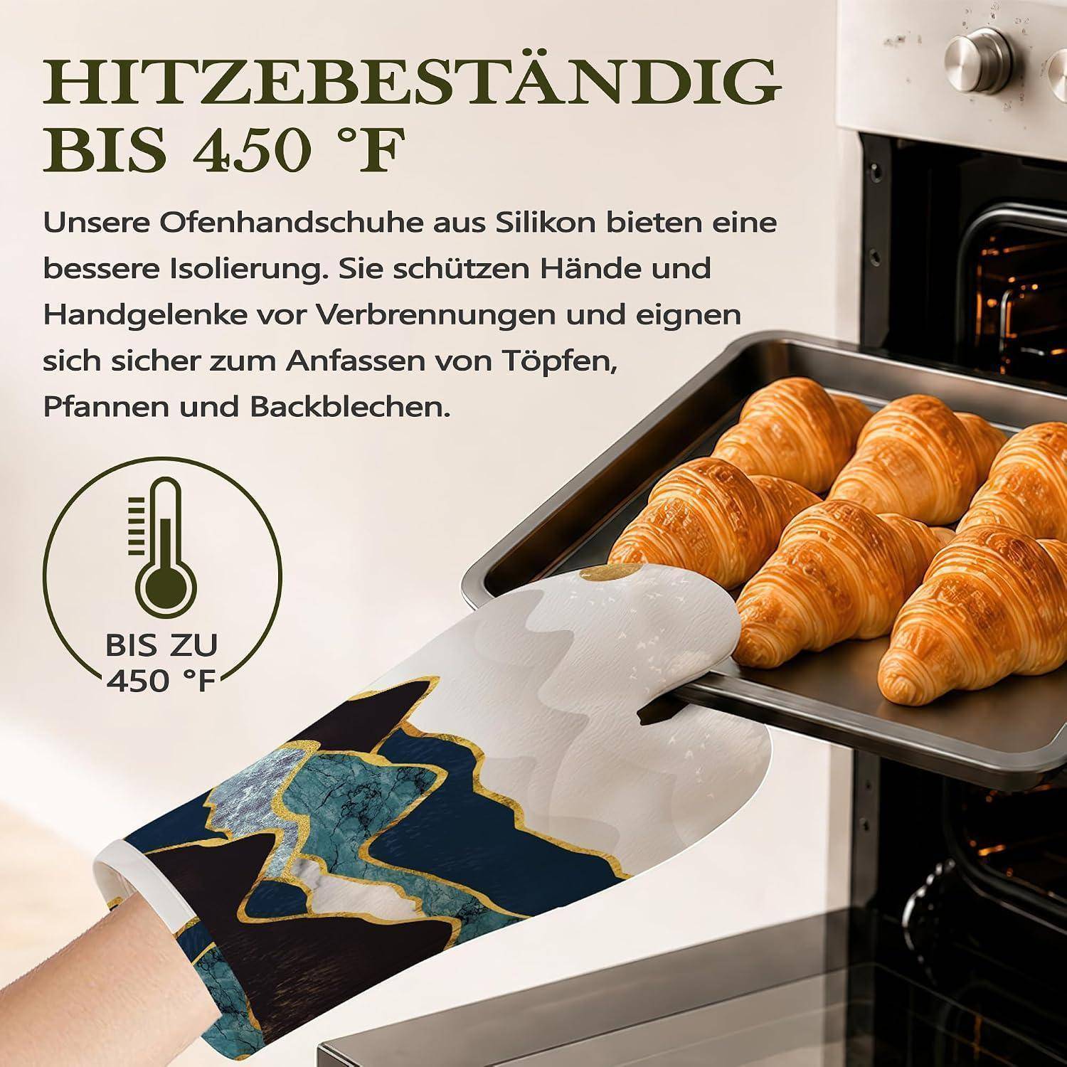 Deutsches Werbeplakat mit einem Ofenhandschuh, der ein Tablett mit Croissants hält, wirbt für Hitzebeständigkeit bis 450°F und sicherere Handhabung von heißem Kochgeschirr.