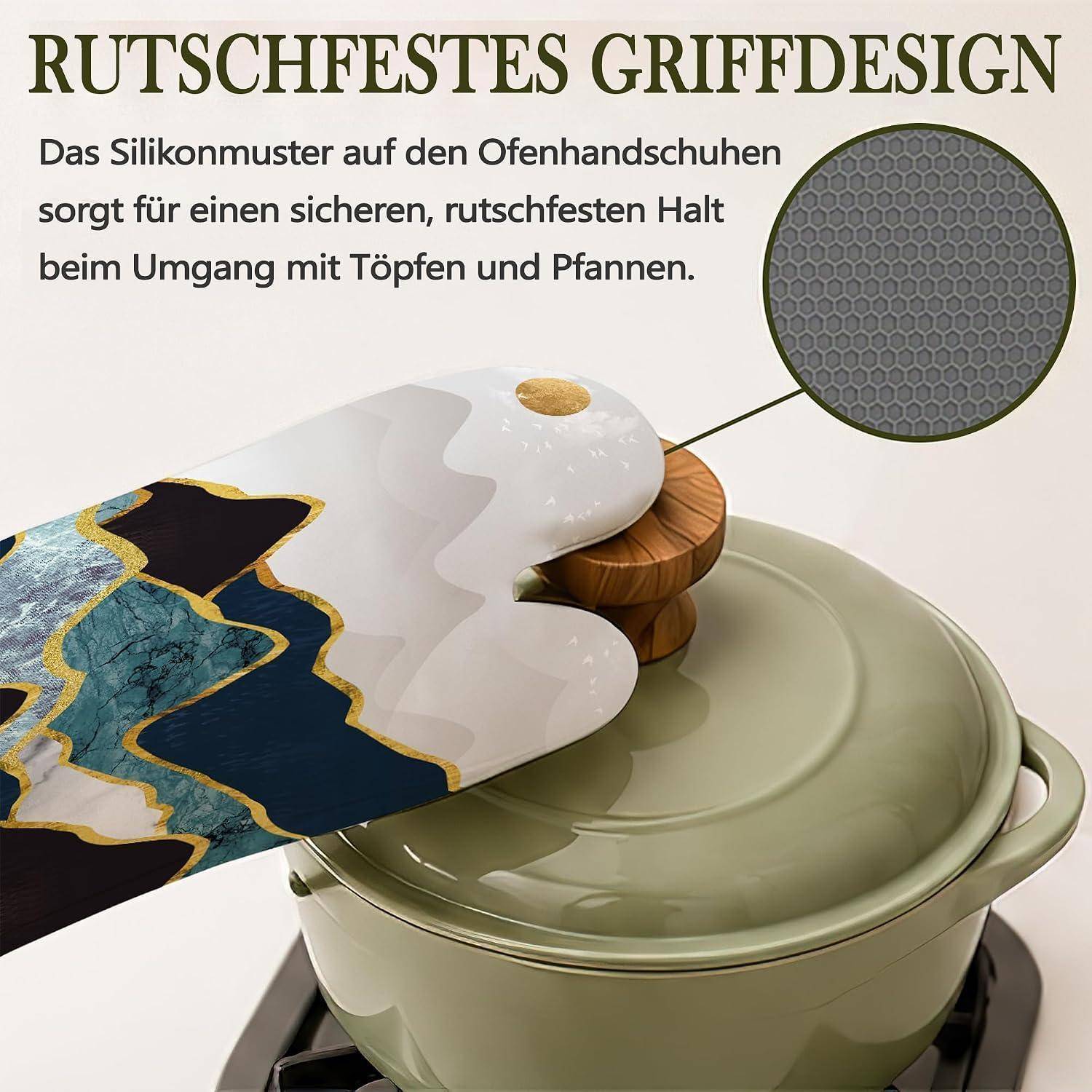 Ofenhandschuh-Design mit Silikongriffmuster; die Vergrößerung zeigt die strukturierte Oberfläche. Der deutsche Text besagt, dass er einen sichereren, rutschfesten Griff für Töpfe und Pfannen bietet.