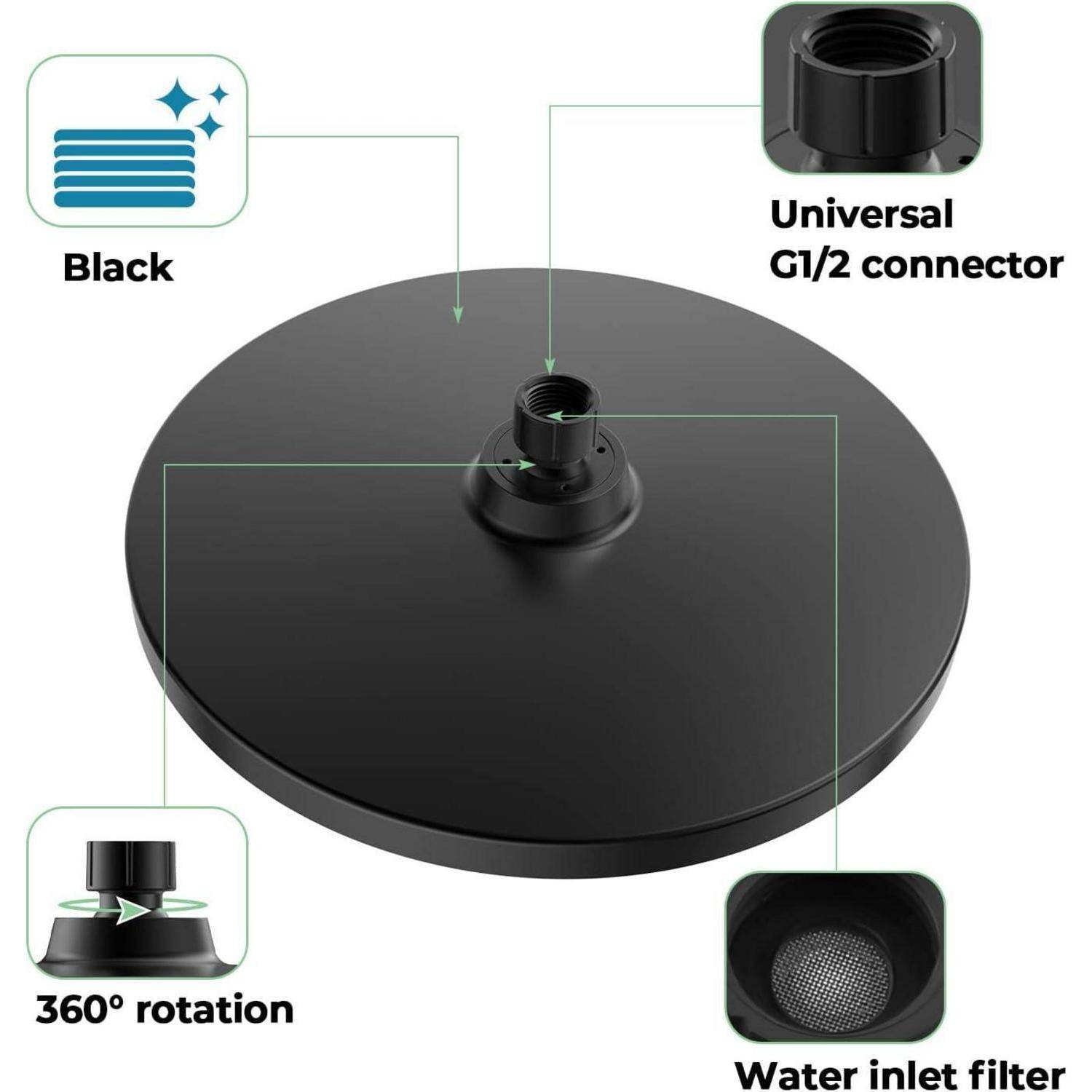 Schwarzer runder Duschkopf mit universeller G1/2-Anschluss, 360°-Drehung und Wasserzulauf-Filter.