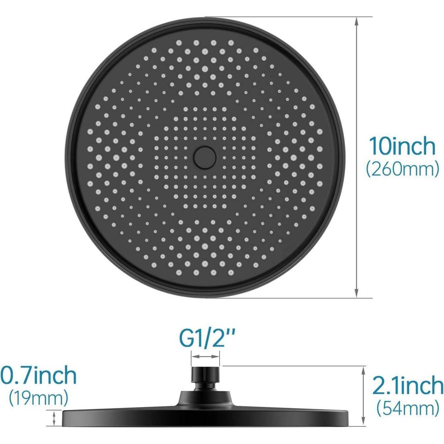 Runder schwarzer Duschkopf mit vielen Sprühdüsen, gekennzeichnet mit 10 Zoll (260 mm) Durchmesser, 2,1 Zoll (54 mm) Dicke, mit G1/2-Anschluss und 0,7 Zoll (19 mm) Fitting.