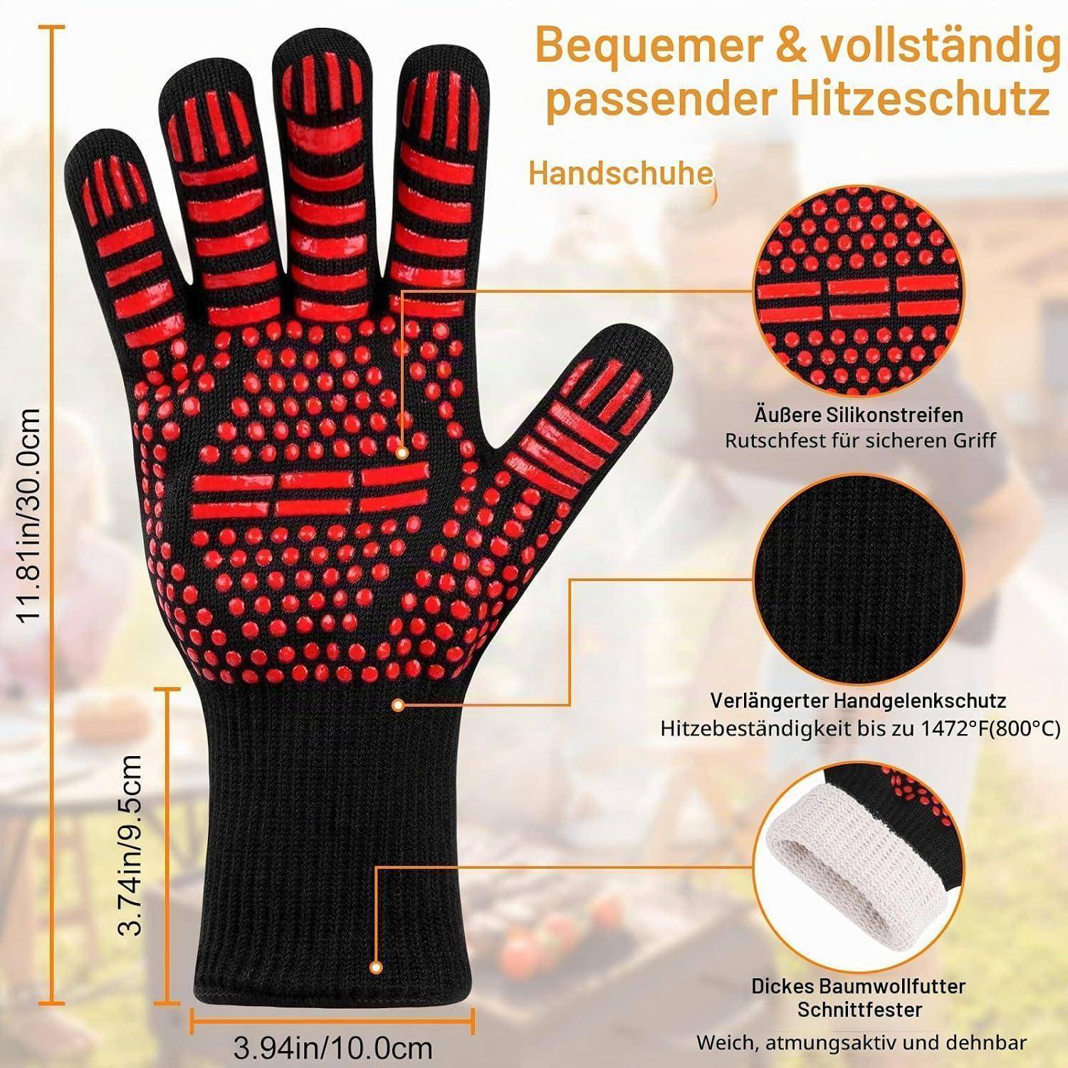 Hitzebeständige Handschuhe mit roten Griffpunkten; deutsche Etiketten heben sichere Griffigkeit, erweiterten Handgelenkschutz und dicke Baumwollauskleidung hervor.