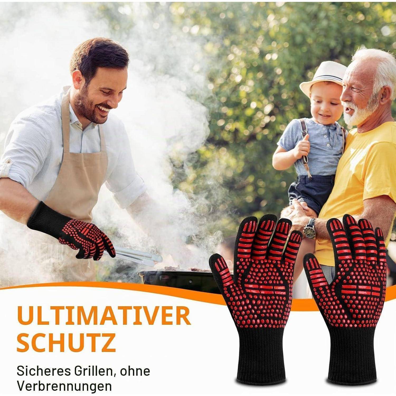 Promotionalbild eines Mannes beim Grillen mit einem älteren Mann, der ein Kind hält; zwei schwarz-rote Schutzhandschuhe werden gezeigt, mit deutschem Text „ULTIMATIVER SCHUTZ
