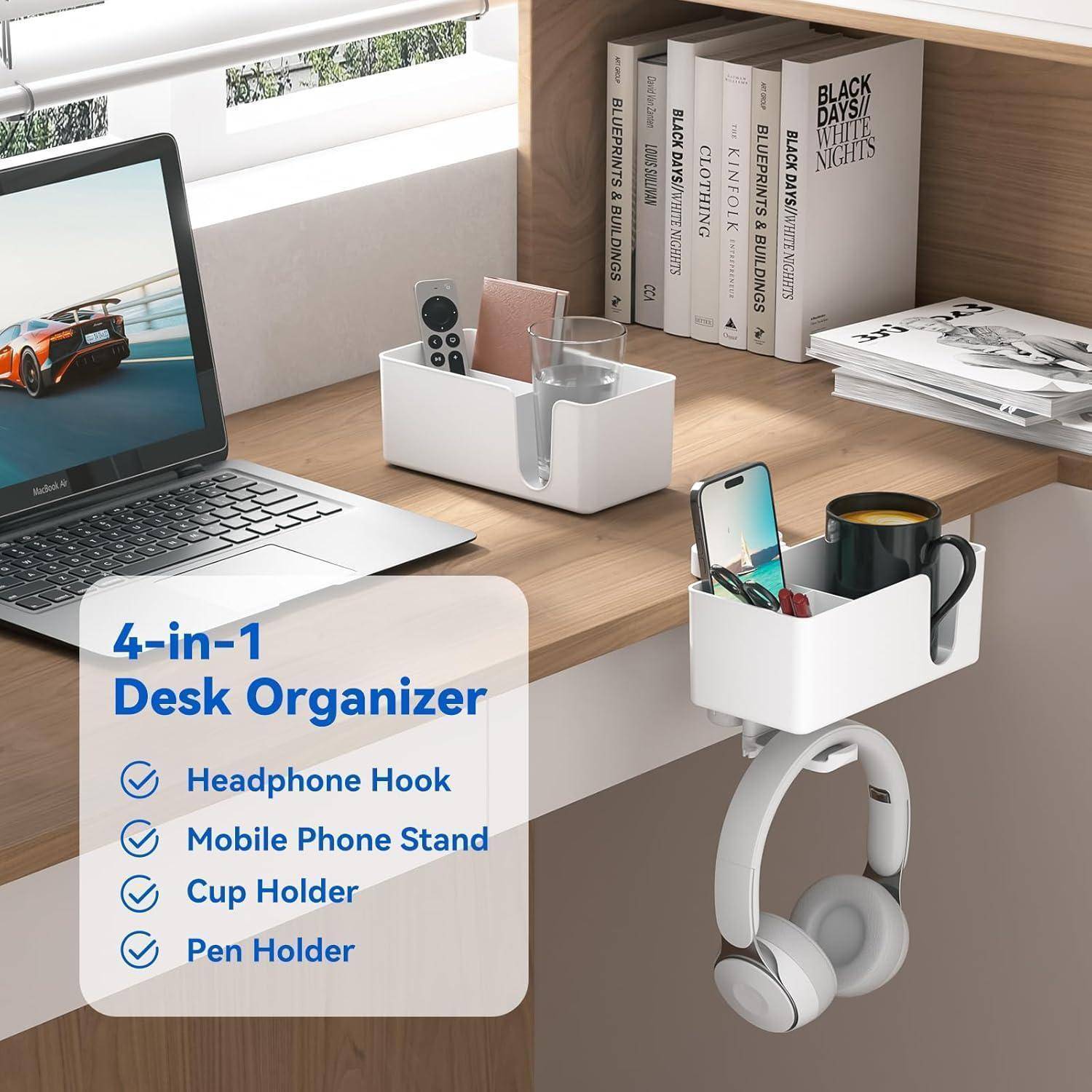 4-in-1-Schreibtischorganizer, der an einer Schreibtischkante befestigt ist und ein Telefon, einen Stift, eine Tasse und Kopfhörer hält; Überlagerungstext listet diese vier Funktionen auf.