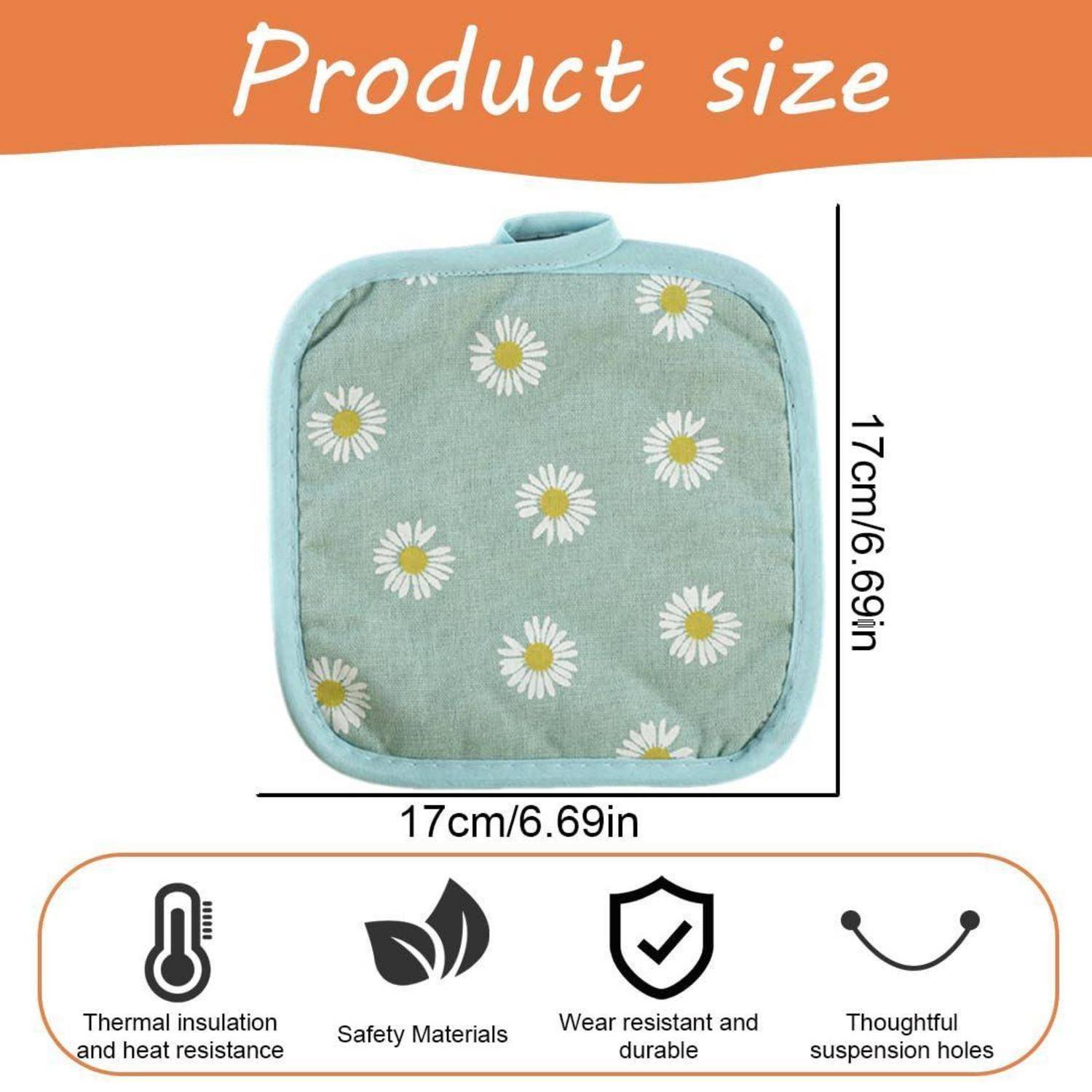 Produktgrößen-Grafik, die eine quadratische, minzgrüne isolierte Tasche mit Gänseblümchenmuster zeigt, mit den Maßen 17 cm × 17 cm (6,69 in × 6,69 in), mit Symbolen für thermisch, sicher, verschleißfest und Griffloch.