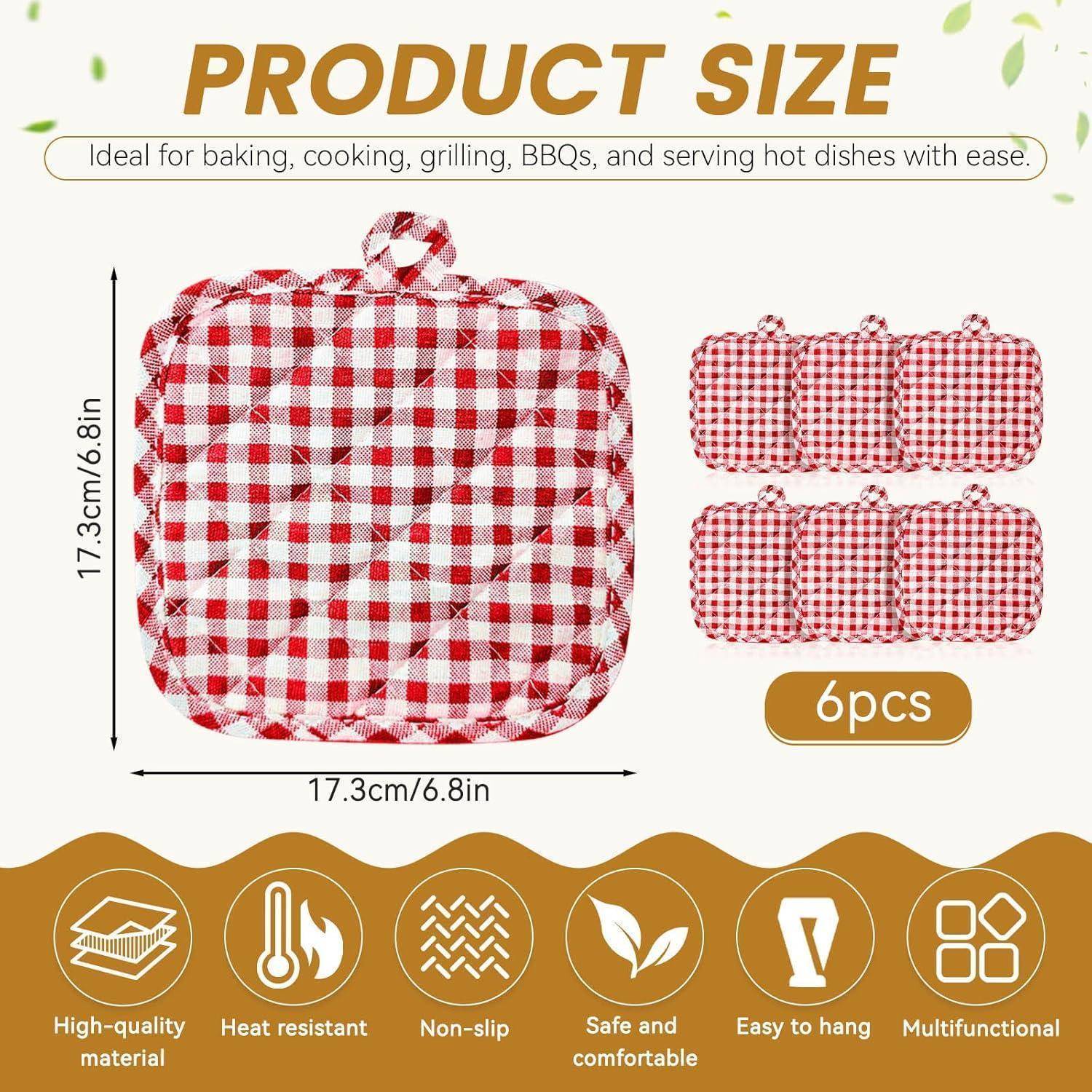 Größentabelle für Produkte mit einem roten Gingham-Ofenhandschuh, 17,3 cm x 17,3 cm, mit 6 Stück und Symbolen für hitzebeständig, rutschfest, sicher, leicht zu hängen und multifunktional.