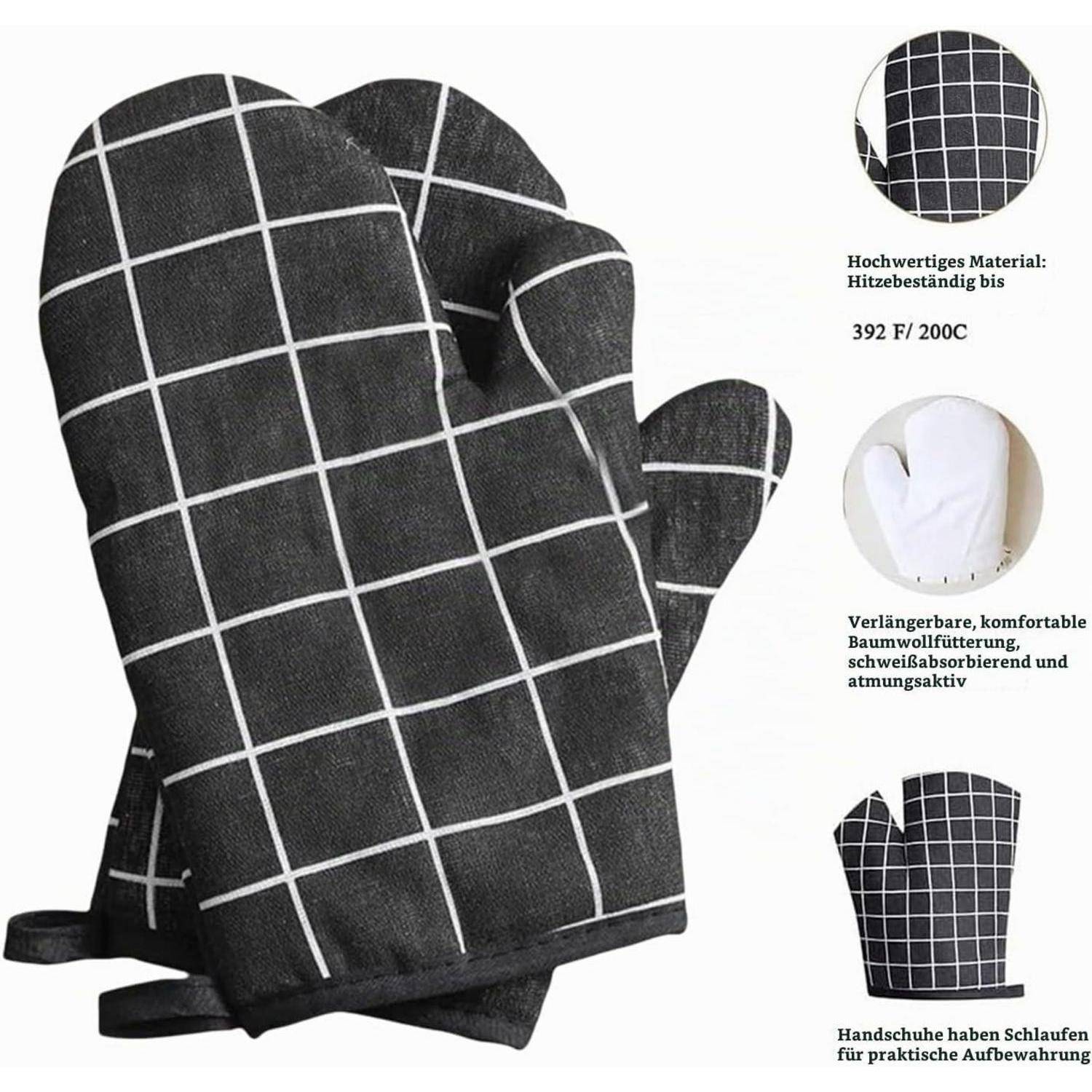Schwarz-weiße karierte Ofenhandschuhe mit Schlaufen; der Text hebt hitzebeständiges Material bis 392 °F/200 °C und ein komfortables, atmungsaktives Futter hervor.