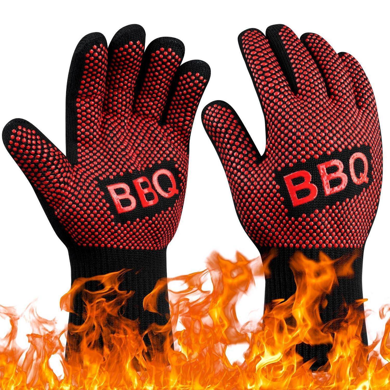Paar schwarze und rote, hitzebeständige Grillhandschuhe mit 