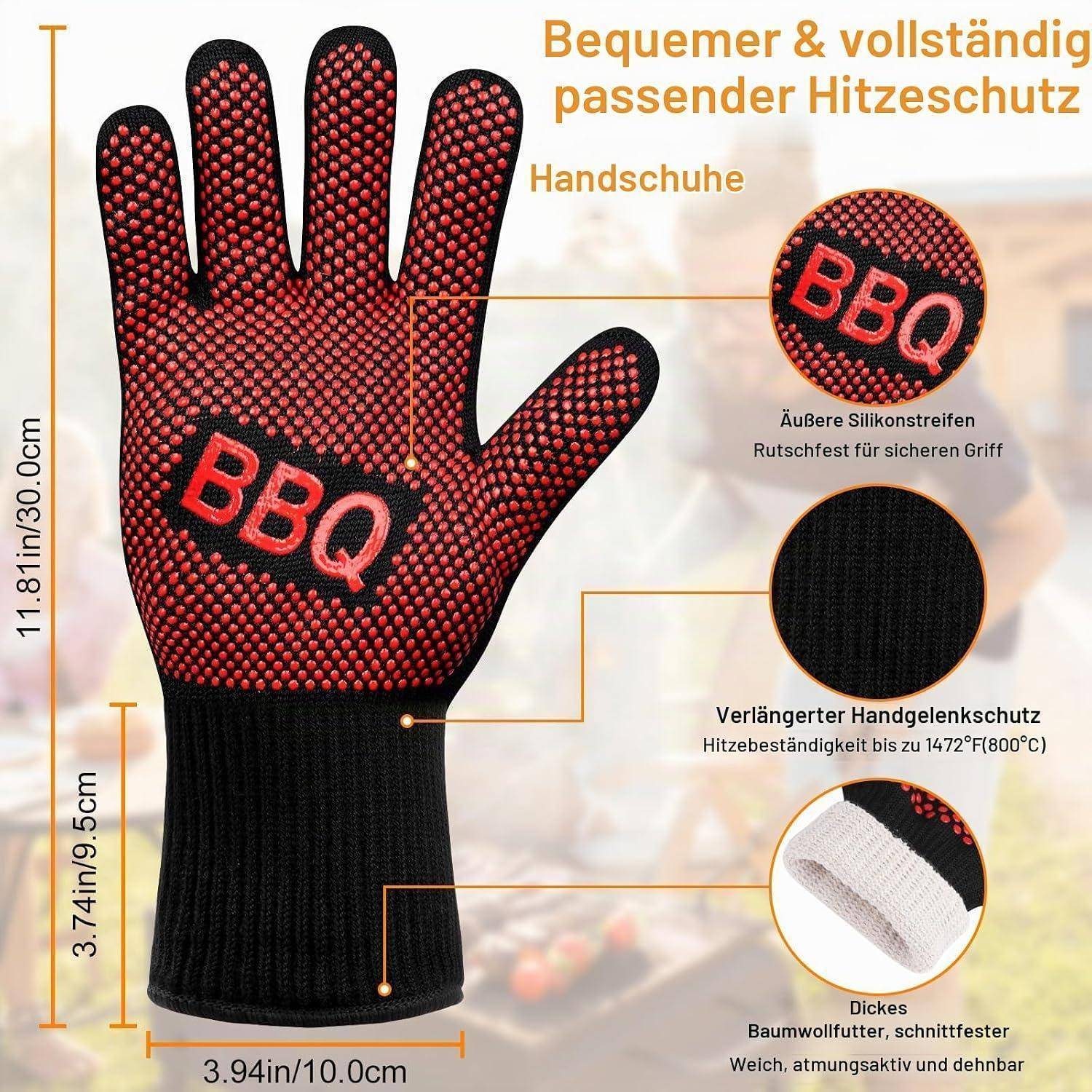 Hitzebeständiger BBQ-Handschuh mit rotem Silikongriff; Deutsche Etiketten heben den erweiterten Handgelenkschutz, die Baumwollauskleidung und den sicheren rutschfesten Halt hervor.