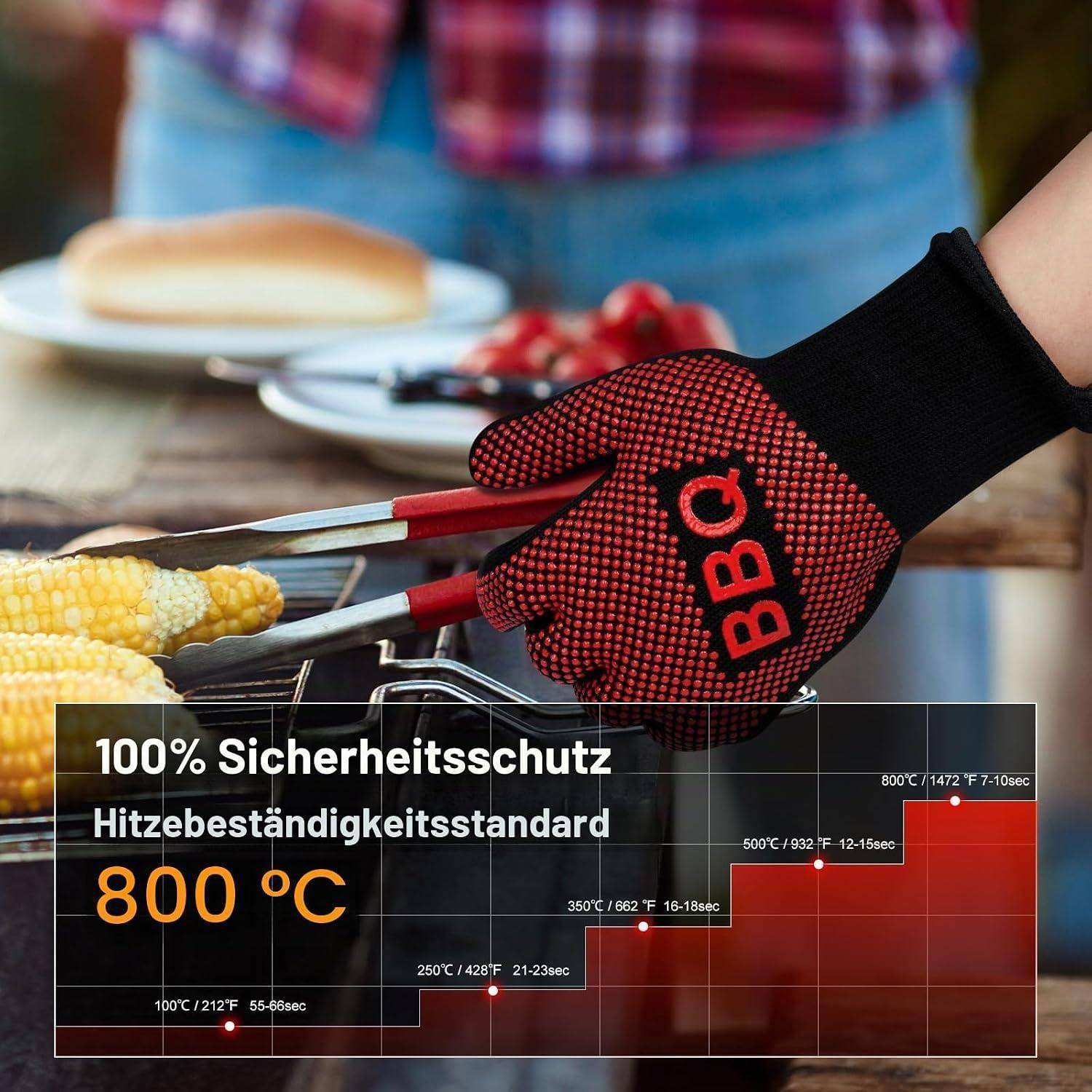 Behandschuhte Hand mit Zange beim Grillen von Mais, mit einer Überlagerung, die „100% Sicherheitsschutz