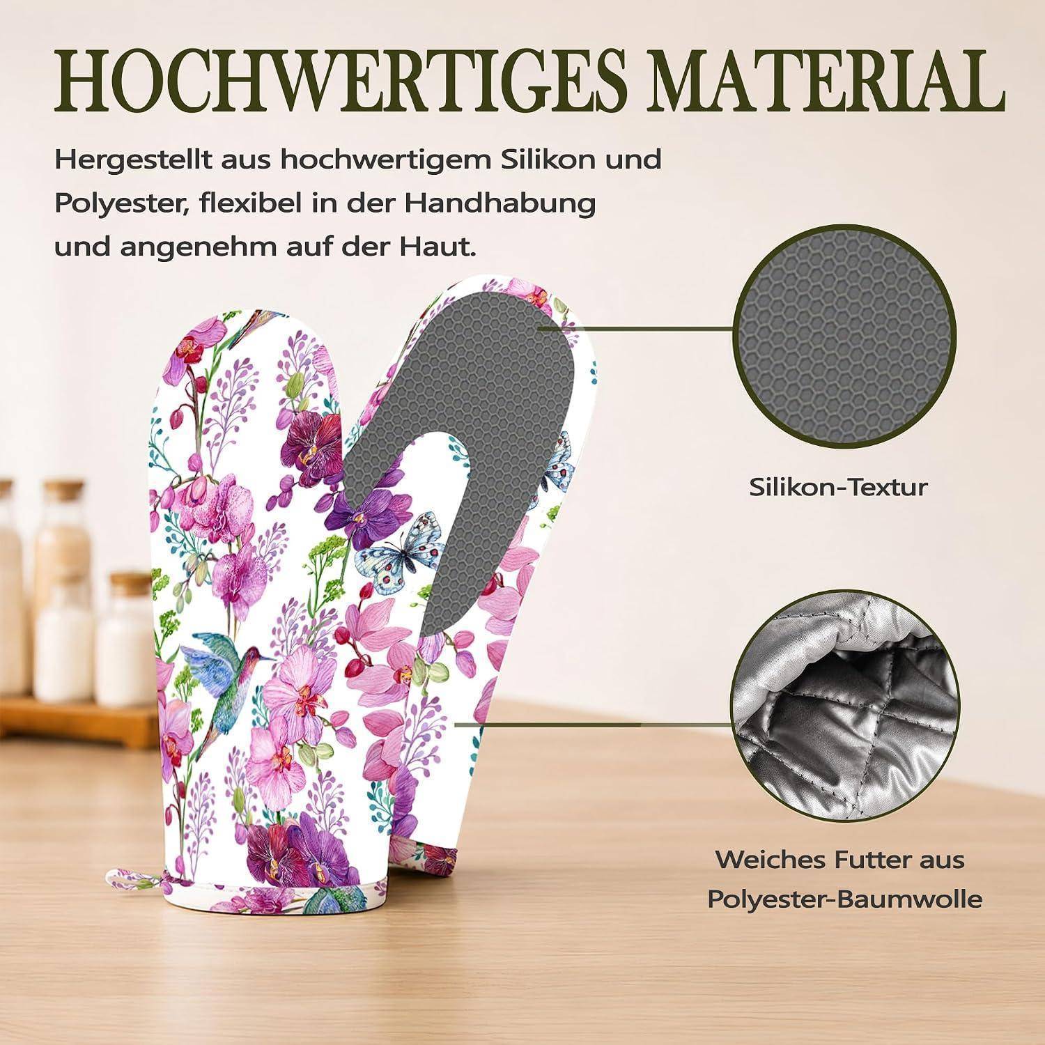 Blumenmuster-Ofenhandschuhe auf einem Tisch, mit Hinweisen auf Silikon-Textur und weiches Polyester-Baumwoll-Futter; deutscher Text bewirbt hochwertige Materialien.
