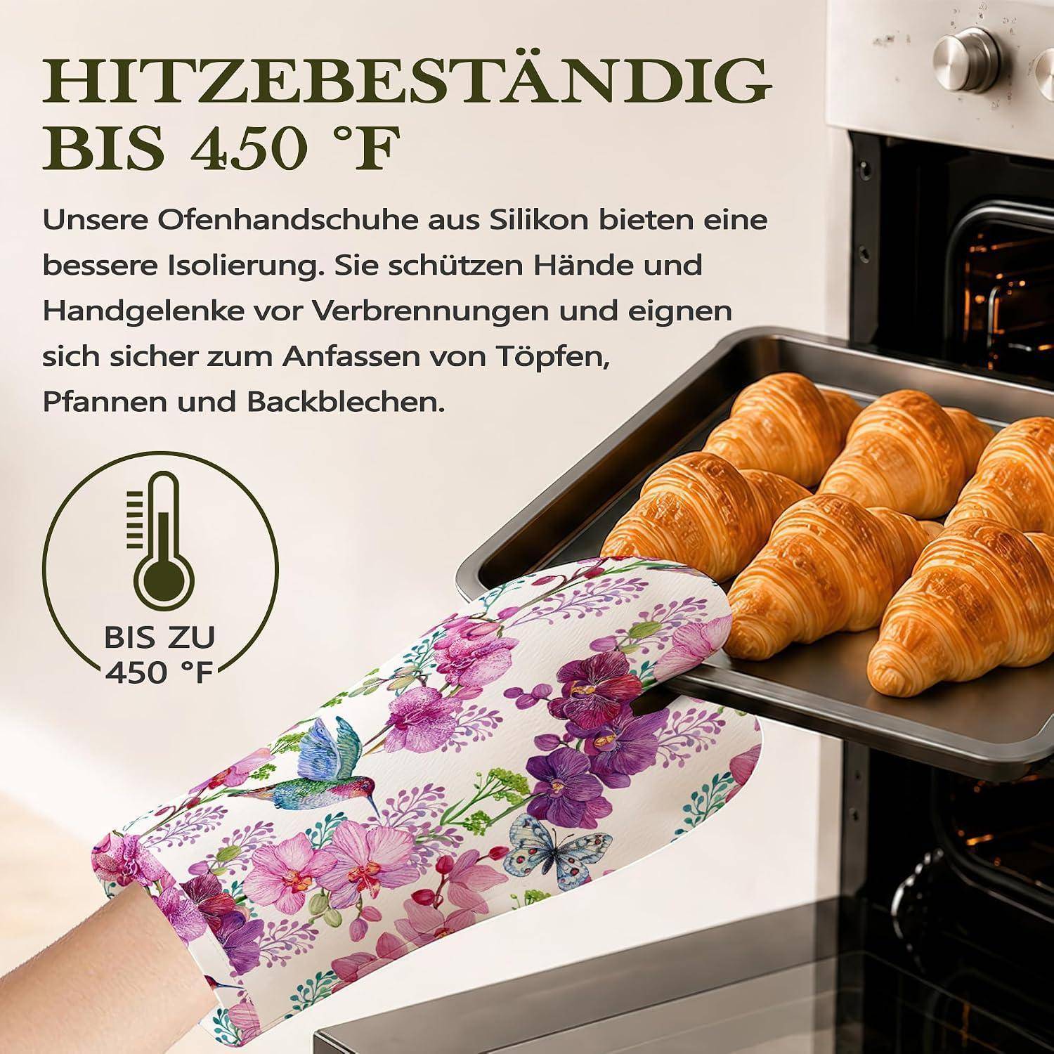 Kolibri Blumen Set 4tlg. Ofenhandschuhe Topflappen hitzebeständig Silikon rutschfest