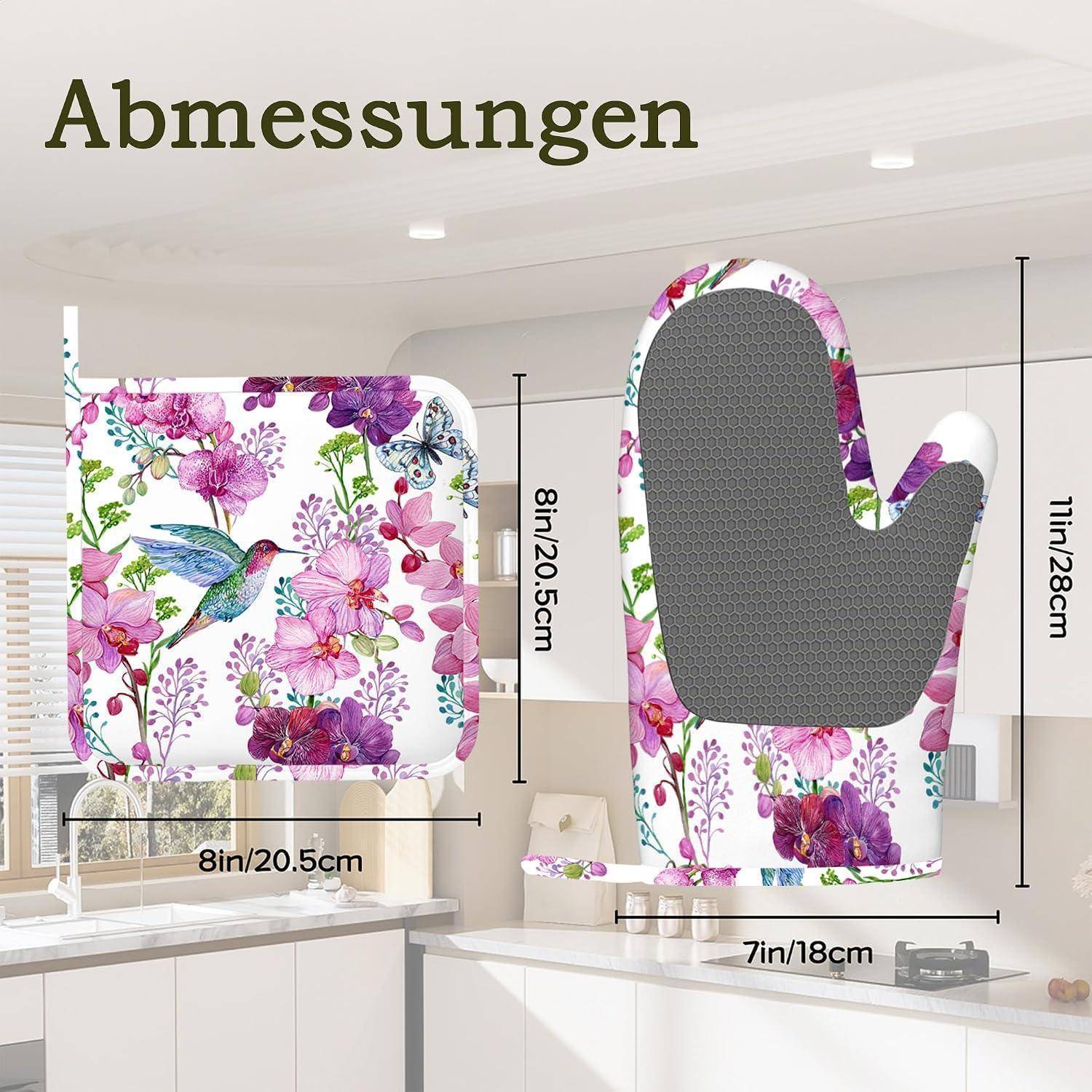Ofenhandschuh- und Topflappen-Set mit Blumenvogel-Druck, gezeigt mit beschrifteten Größen in Zoll und Zentimetern: Handschuh 11in/28cm, Topflappen 8in/20,5cm, Breite 7in/18cm.