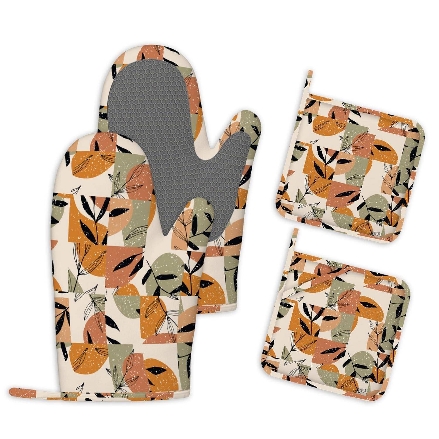 Ofenhandschuh mit Blumenmuster und zwei passende Topflappen auf weißem Hintergrund.