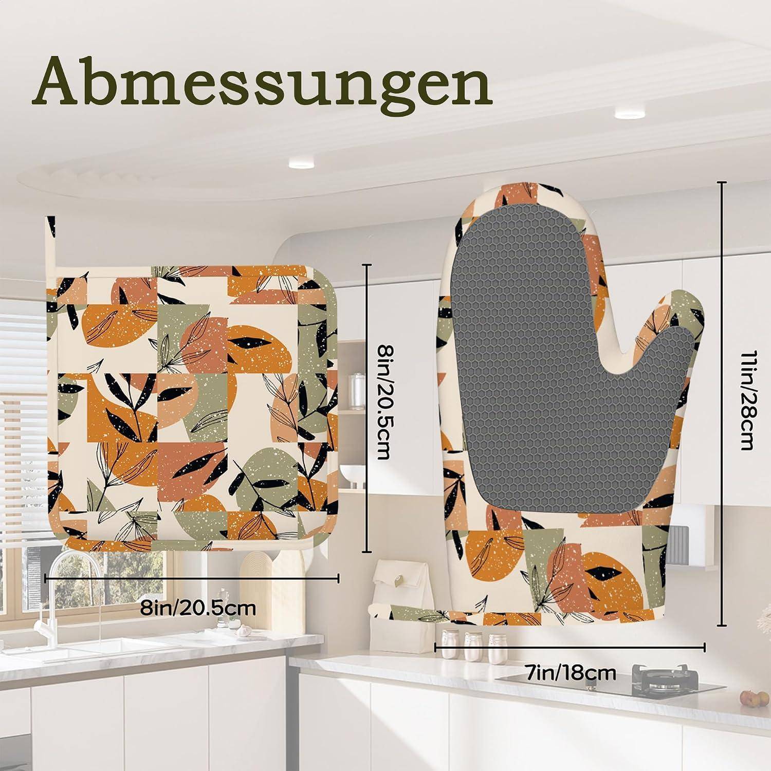 Bild von zwei Ofenhandschuhen mit Herbstblatt-Muster und beschrifteten Maßen 8in/20,5cm x 8in/20,5cm und 11in/28cm x 7in/18cm.