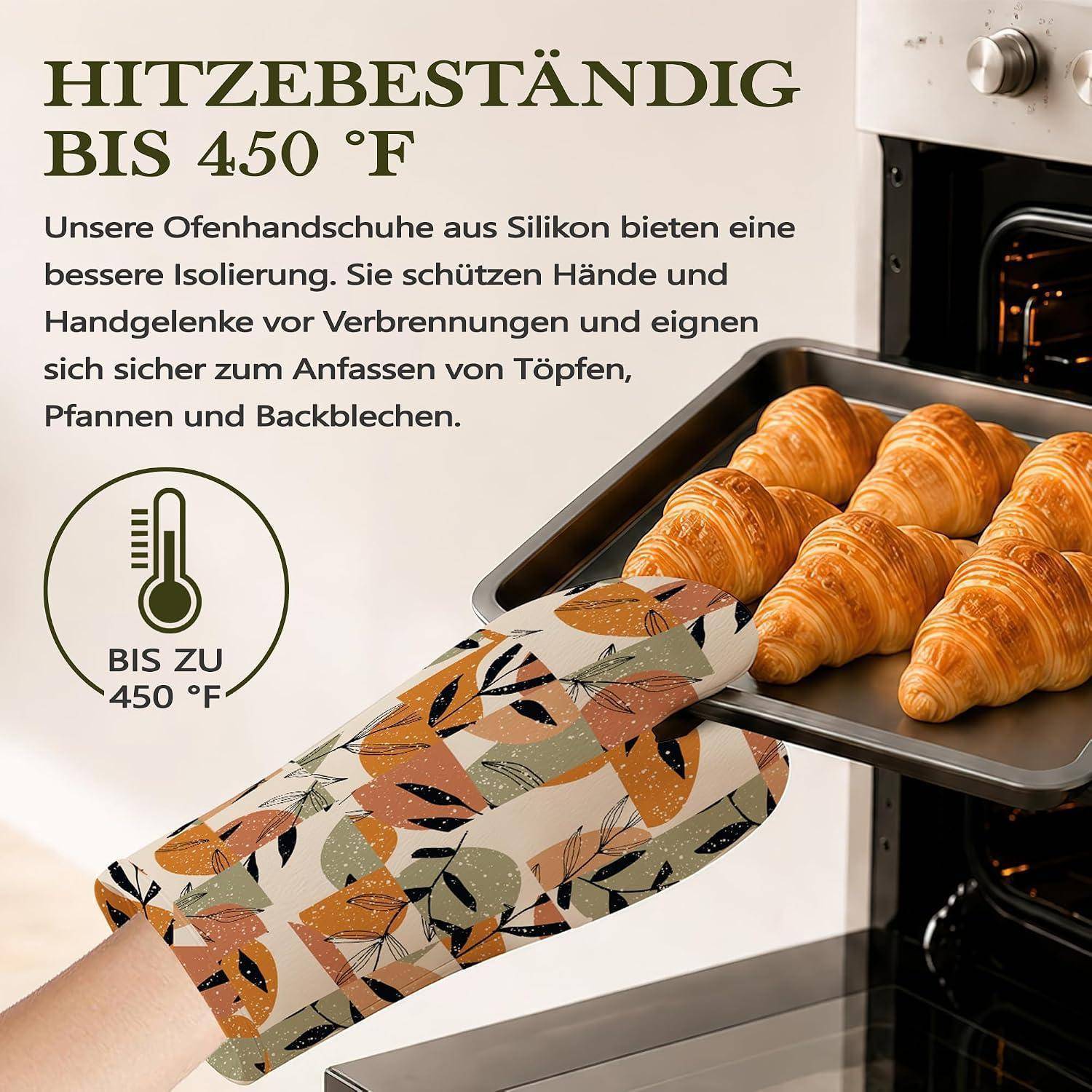 Anzeige mit einem gemusterten Silikon-Ofenhandschuh, der ein Backblech mit Croissants aus einem Ofen hält, mit deutschem Text, der Hitzebeständigkeit bis 450°F bewirbt.