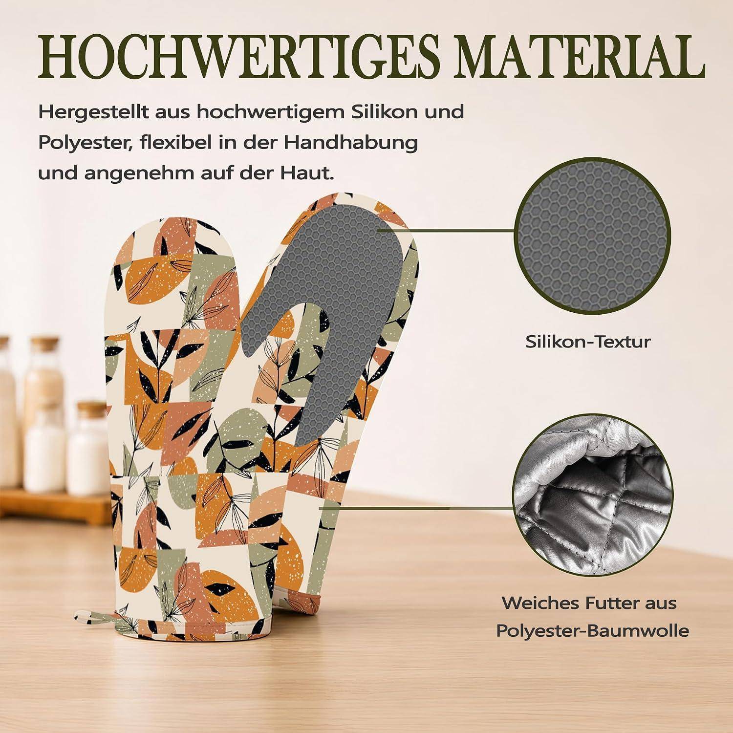 Produktanzeige für Ofenhandschuhe mit gemusterten Handschuhen auf einer Arbeitsplatte und Text „Hochwertiges Material